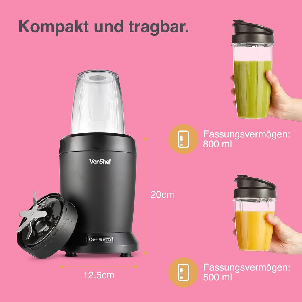 VonShef Frullatore Mixer per Smoothie – Frullatore per Frutta, Verdura e Ghiaccio Tritato, 1000 W/ 500 ml & 800 ml – Frullatore Portatile con Tazza da Viaggio – Mini Mixer con 1 Pulsante - Nero