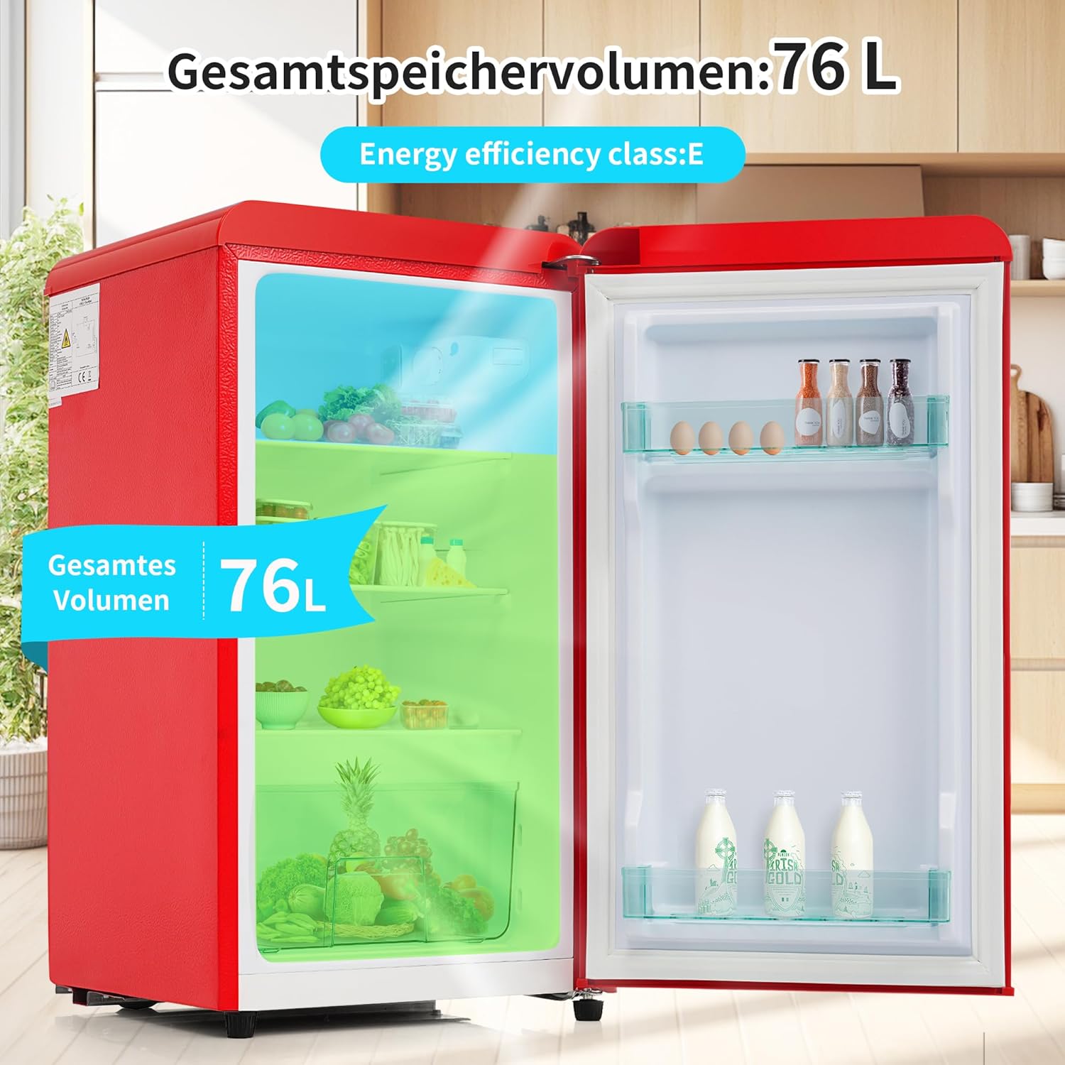 Merax Frigorifero con Congelatore, Frigorifero Combinato, Piccolo Frigorifero con 51L e Congelatore 21L, Silenzioso, LED, Ripiani in Vetro, Cassetto Verdura, Balconcini, per Cucina, Soggiorno, Ufficio, Nero
