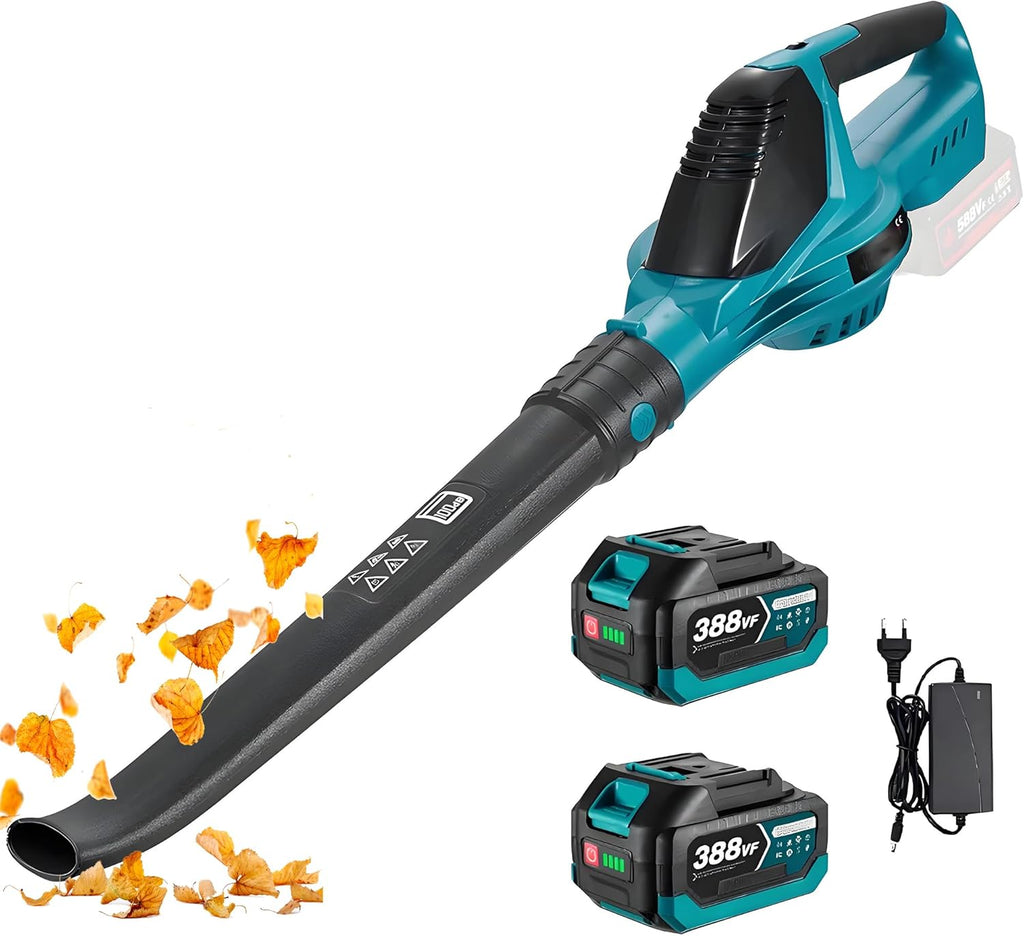 Soffiatore a batteria per Makita 18V, velocità dell'aria 219 km/h, soffiatore a 5 velocità, motore brushless da 28000 giri/min, soffiatore per foglie potente (nero con 2 batterie)