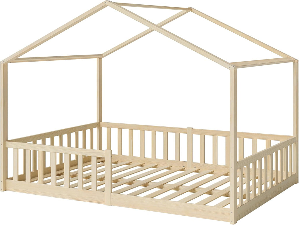 Bellabino Lettino per bambini Bia 140x200 cm, letto a capanna per bambini con protezione anticaduta e rete a doghe arrotolabile, letto a terra Montessori bianco in legno massello di pino