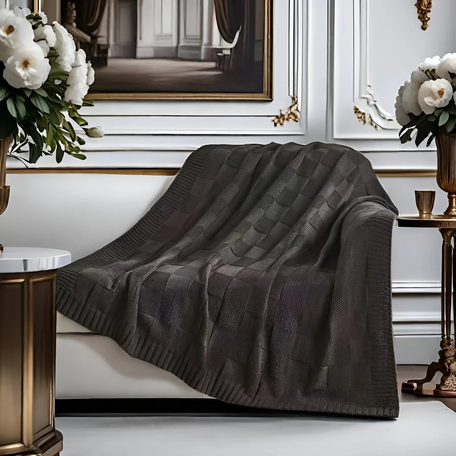 MonoKnit Coperta lavorata a maglia – Coperta in pile acrilico a righe di alta qualità, in bianco e nero, per letto e divano