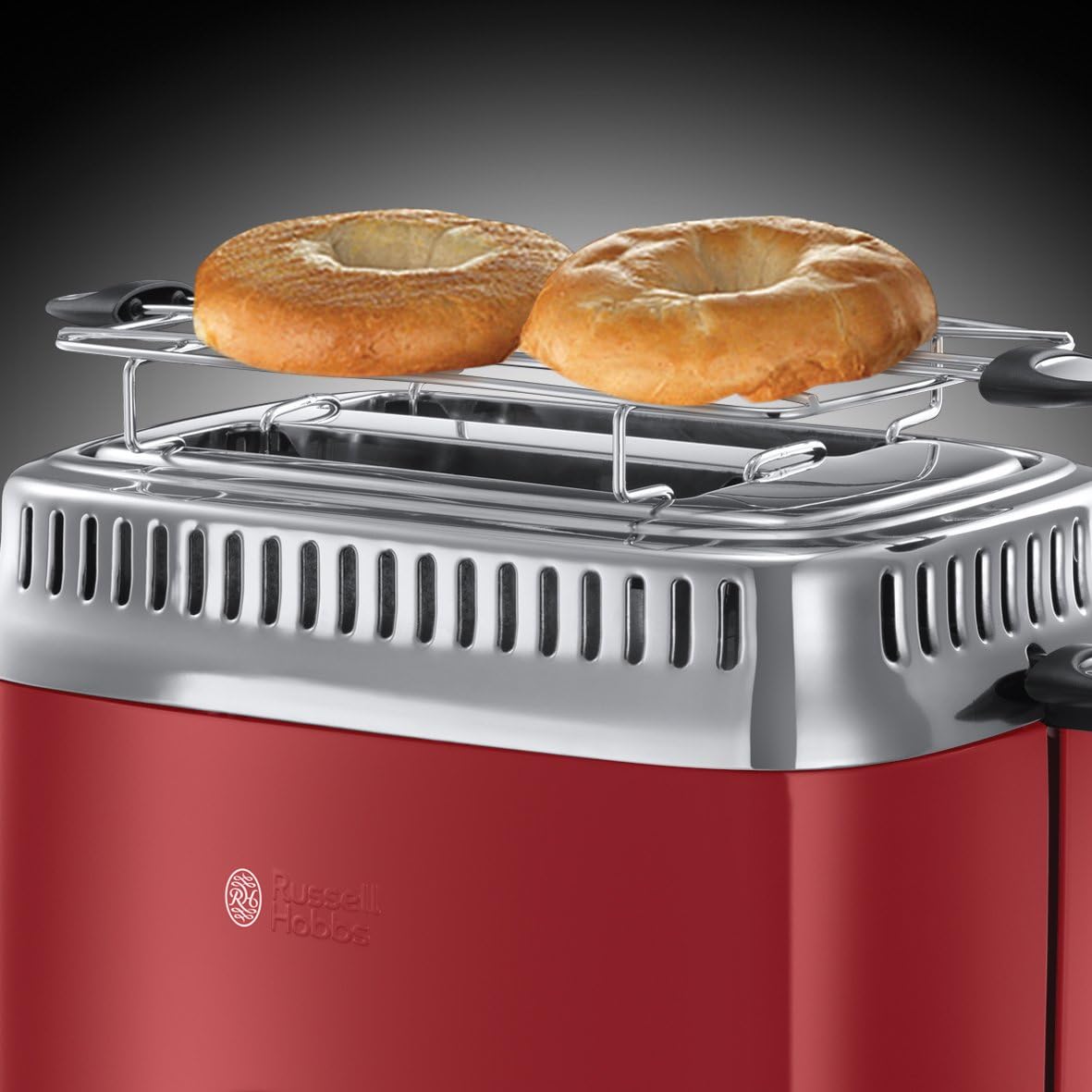 Russell Hobbs Tostapane [a 2 Fette] Retro Acciaio Inossidabile Rosso (Display Countdown in design retrò, incluso accessorio per panini, 6 livelli di doratura + funzione scongelamento e riscaldamento, 1300W) Vintage 21680-56