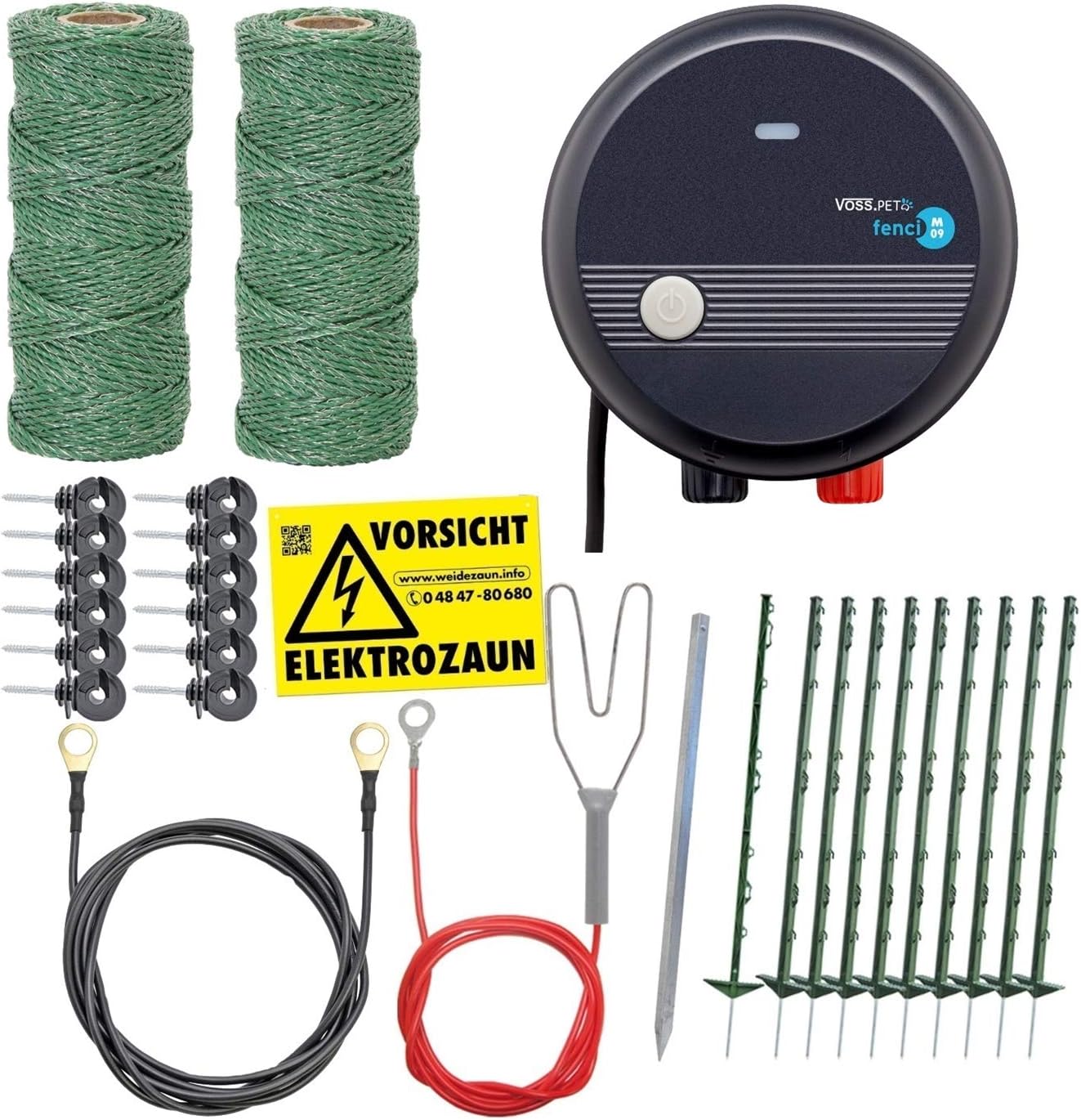 VOSS.farming Hundezaun Katzenzaun Waschbärenabwehr Rehabwehr Komplettset Weidezaun Elektrozaun Gartensicherung