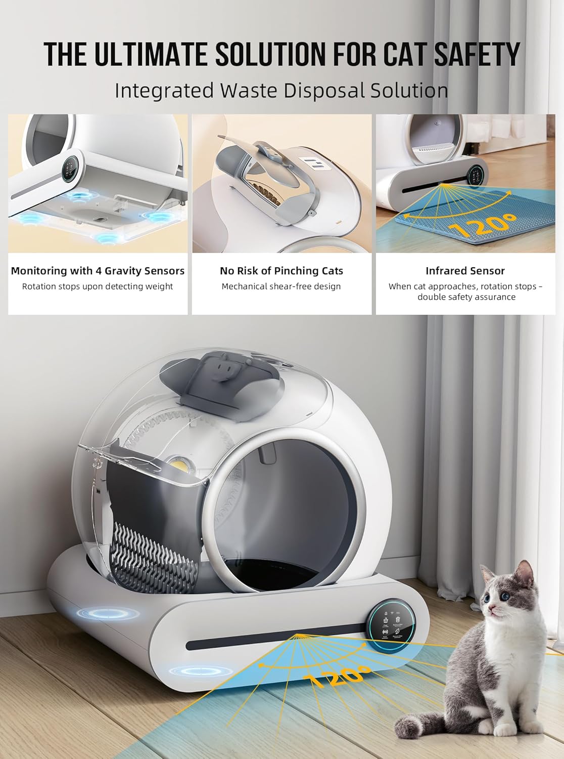 Selbstreinigende Katzentoilette, Automatische Katzentoilette mit Matte und Einlagen, 65 l + 9 l große Kapazität, Selbstreinigende Katzentoilette, App-Steuerung/Geeignet für mehrere Katzen – Grau