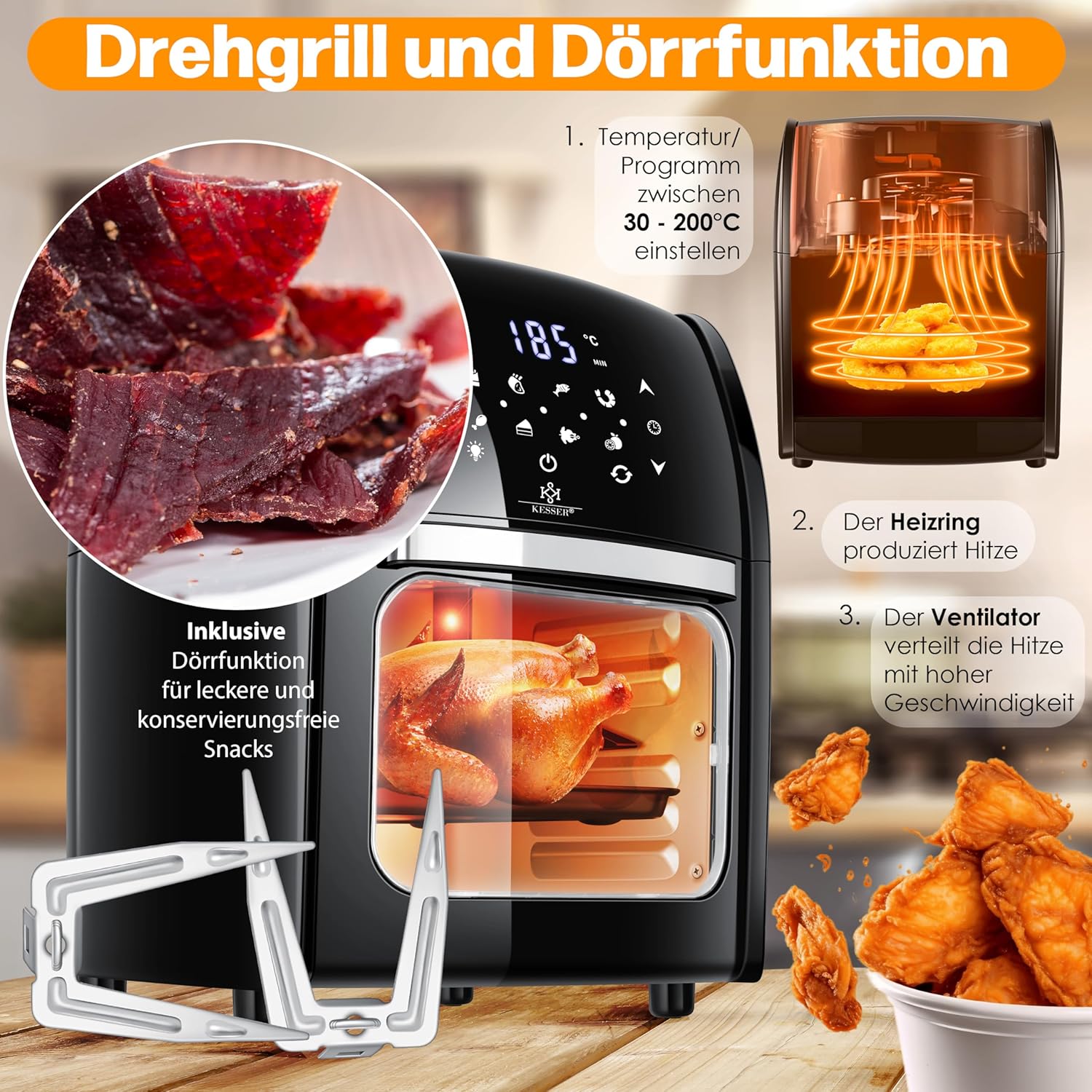 KESSER® XXL Airfryer 9in1 Heißluftfritteuse Fritteuse, | Drehgrill | Dörrautomat | Rezeptheft | Grillspieß | 1800 Watt | fettfrei grillen ohne Öl | 8 Programme | inkl. Zubehör Schwarz