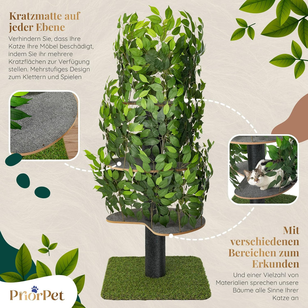 Tiragraffi albero naturale per arrampicarsi, nascondersi e dormire - grande con foglie intercambiabili - a più livelli, facile da montare - materiali sicuri per animali domestici, durevole e robusto albero per gatti brevettato