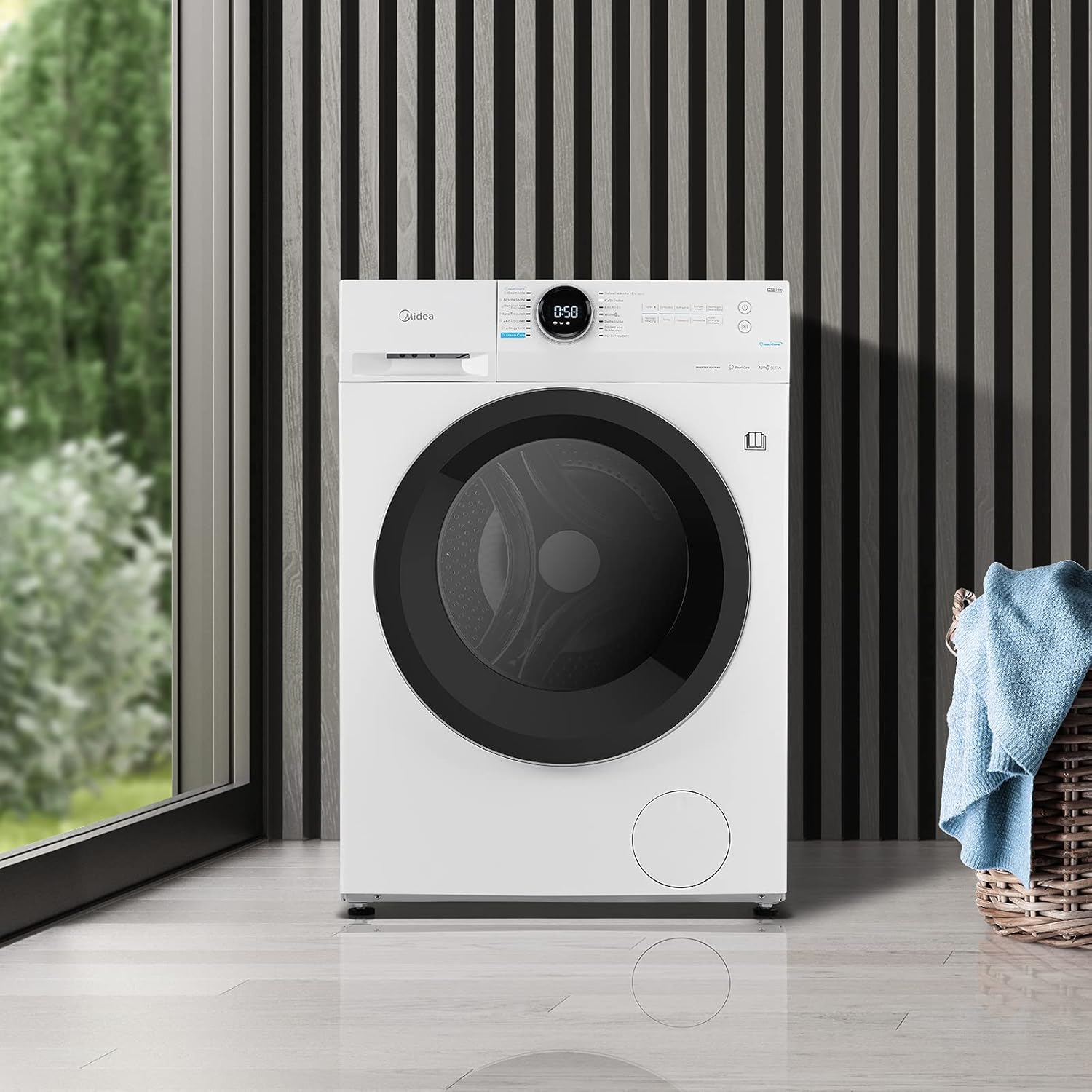 Lavasciuga Midea MF200D86WB-14EAS, 8/6kg lavaggio/asciugatura, Motore Inverter, Refresh, 60 min. Lavaggio e Asciugatura, Steam Care, Turbo Wash, 48 cm profondità, Controllo APP, AquaStop