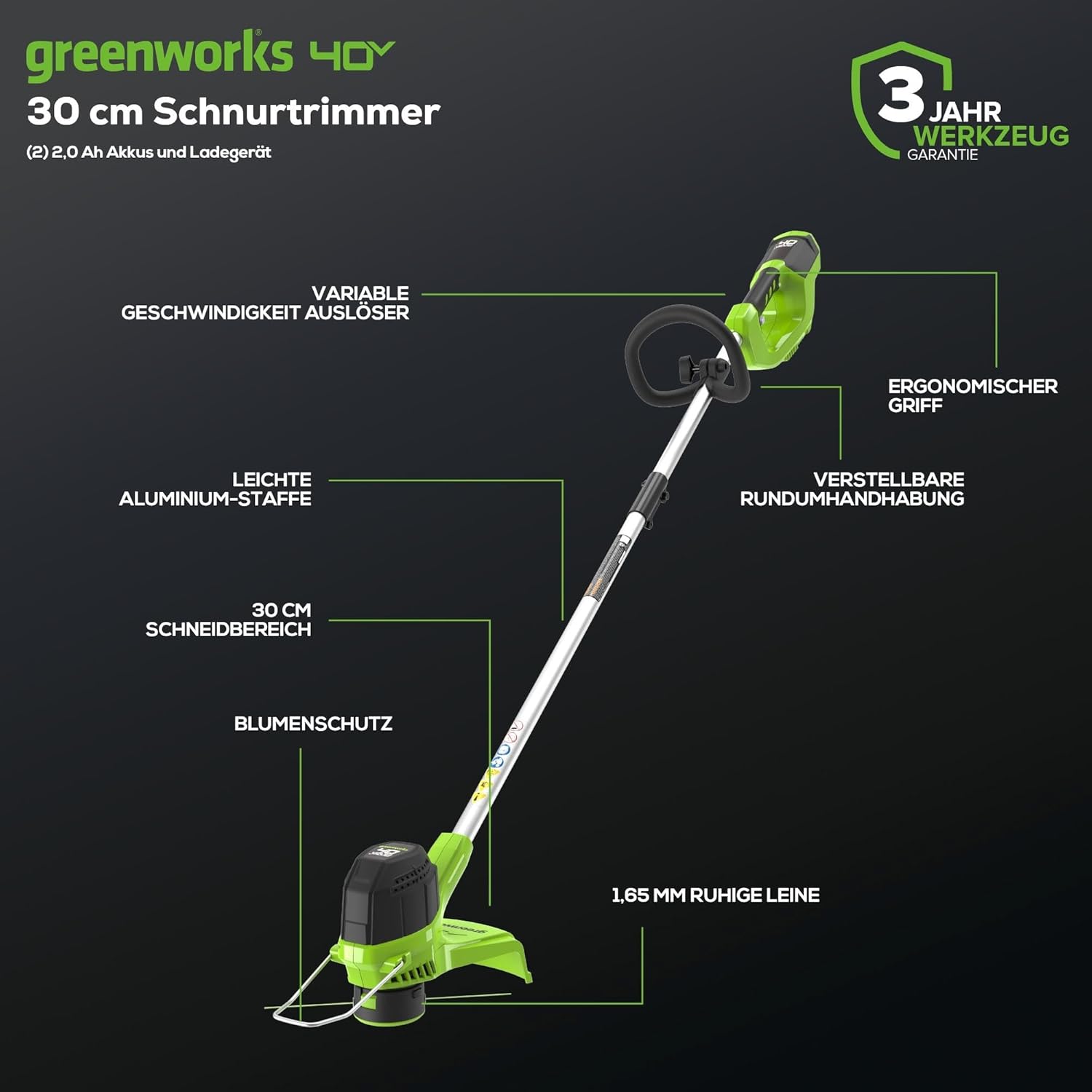 Greenworks 40V Akku Rasentrimmer für mittelgroße Gärten, höhenverstellbar, 30 cm Schnittbreite, automatischer Vorschub 1,65 mm Nylon Faden, zwei 40V 2Ah Akkus & Ladegerät, 3 Jahre Garantie G40LTK2X