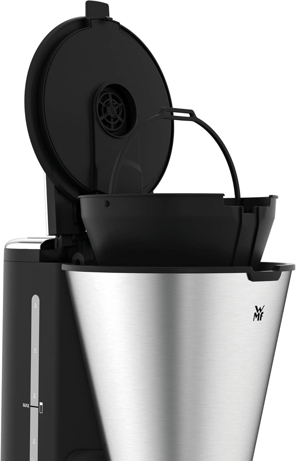 WMF Küchenminis Macchina da caffè con filtro Aroma, piccola, con caraffa termica, 870 Watt, tazza termica da asporto, macchina da caffè singola piccola con timer, cromargan opaco