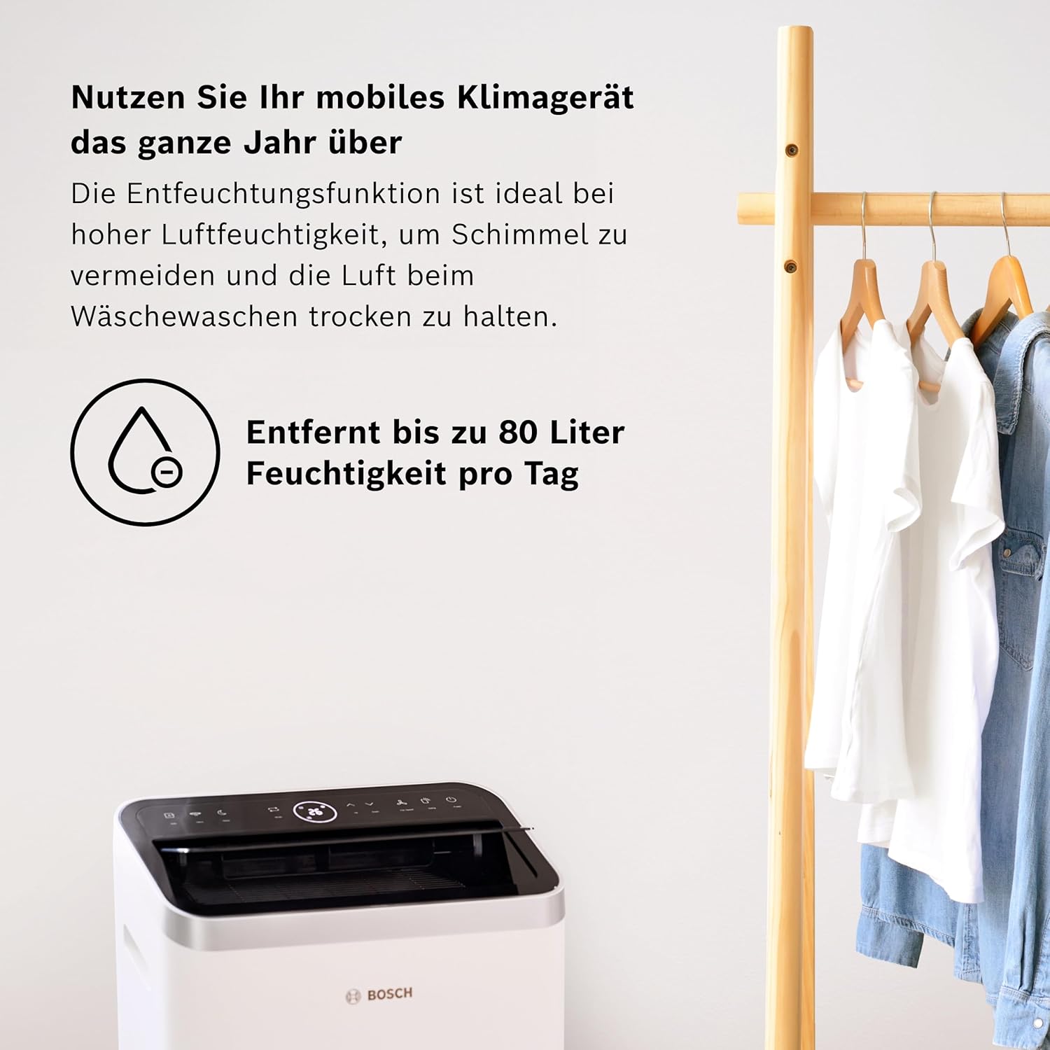 Bosch Cool 4000 Climatizzatore Mobile - 3-in-1: Climatizzatore, Deumidificatore, Ventilatore - 2,6 kW per ambienti fino a 35m² - Con modalità automatica, silenziosa e notturna