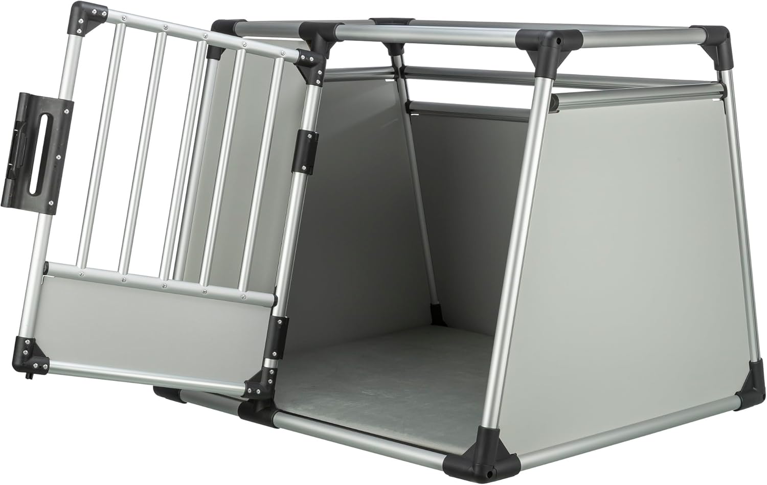 TRIXIE Hunde-Transportbox Aluminium in silber – M: 55 × 62 × 73 cm, stabile und geräuscharme Hundebox mit abgeschrägten Seiten, Sicherheitsverschluss & rutschfester Liegematte – 39342