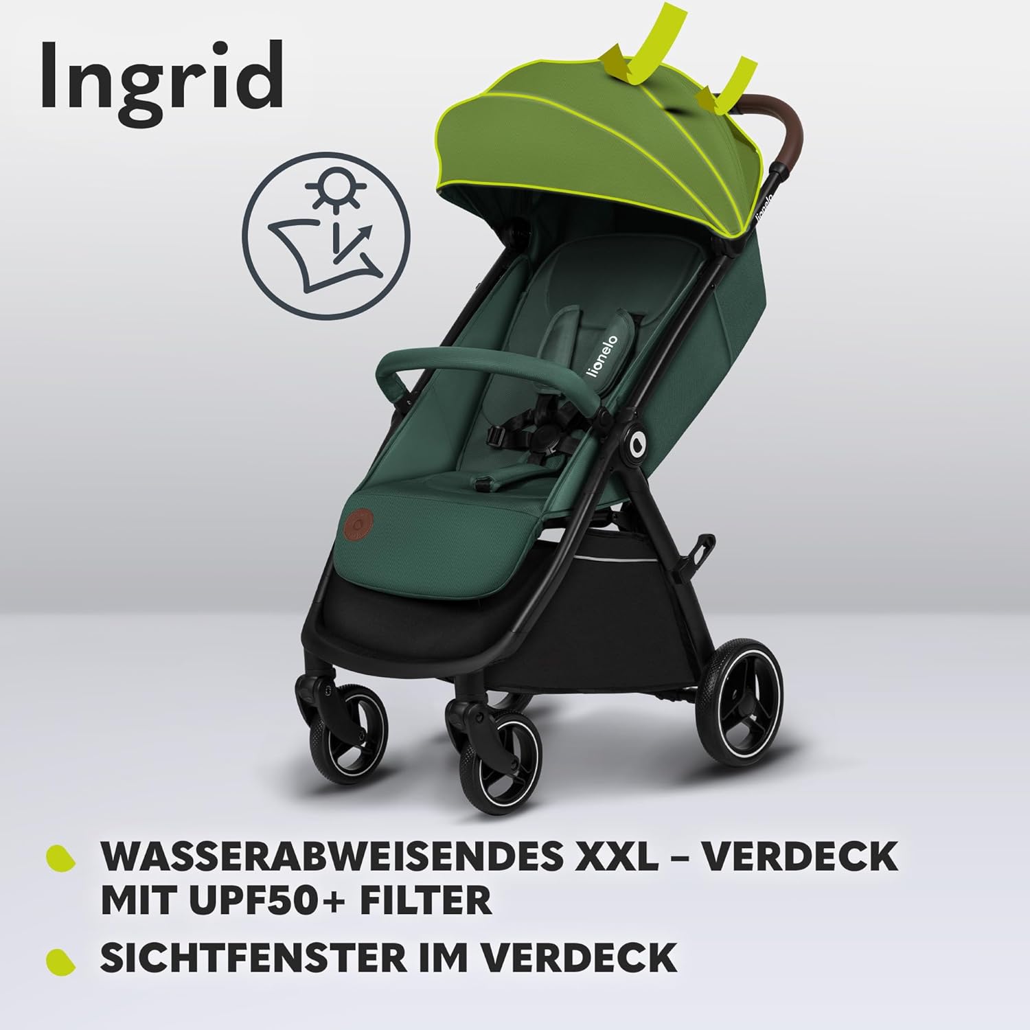 LIONELO INGRID Kinderwagen bis 22 kg von 6 Monaten bis 4 Jahren Große 360° schwenkbare Räder Volle Federung Einhändig zusammenklappbar Verstellbare Rückenlehne und Fußstütze Großes XXL-Verdeck