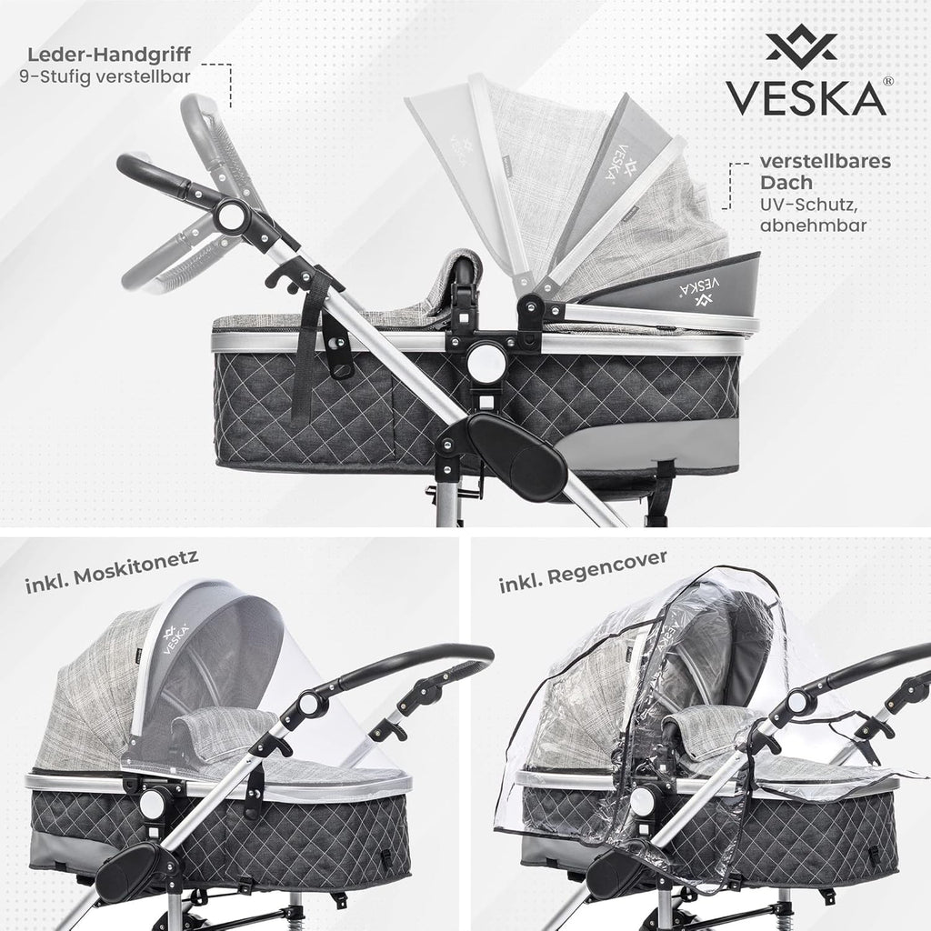 3 in 1 Kombi-Kinderwagen inkl. Babyschale, Buggy, Jogger mit Wickeltasche, Moskitonetz, Regencover, Spieltisch, Autoschale Fußsack, QuickFold, Aluminiumrahmen (Silber - anthrazit/grau)