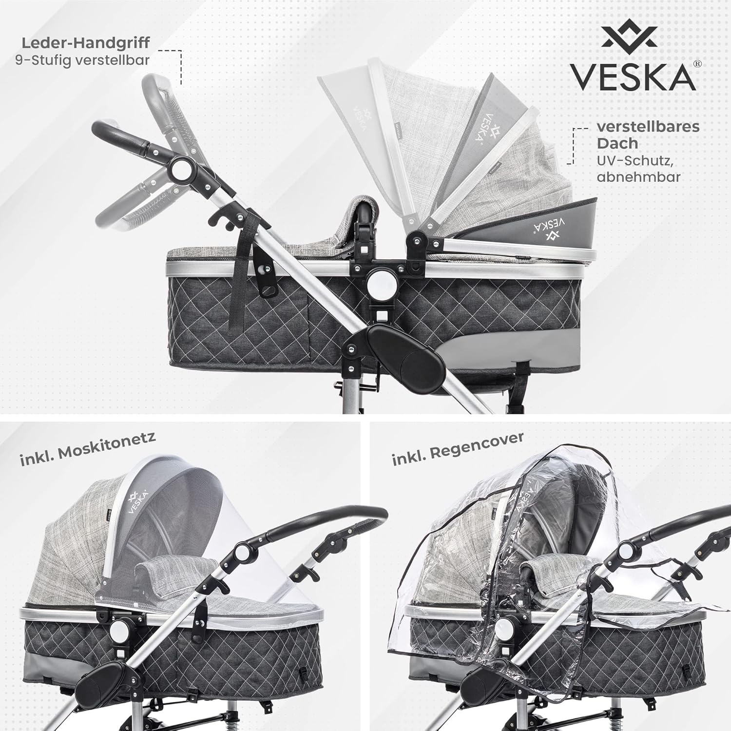 3 in 1 Kombi-Kinderwagen inkl. Babyschale, Buggy, Jogger mit Wickeltasche, Moskitonetz, Regencover, Spieltisch, Autoschale Fußsack, QuickFold, Aluminiumrahmen (Silber - anthrazit/grau)