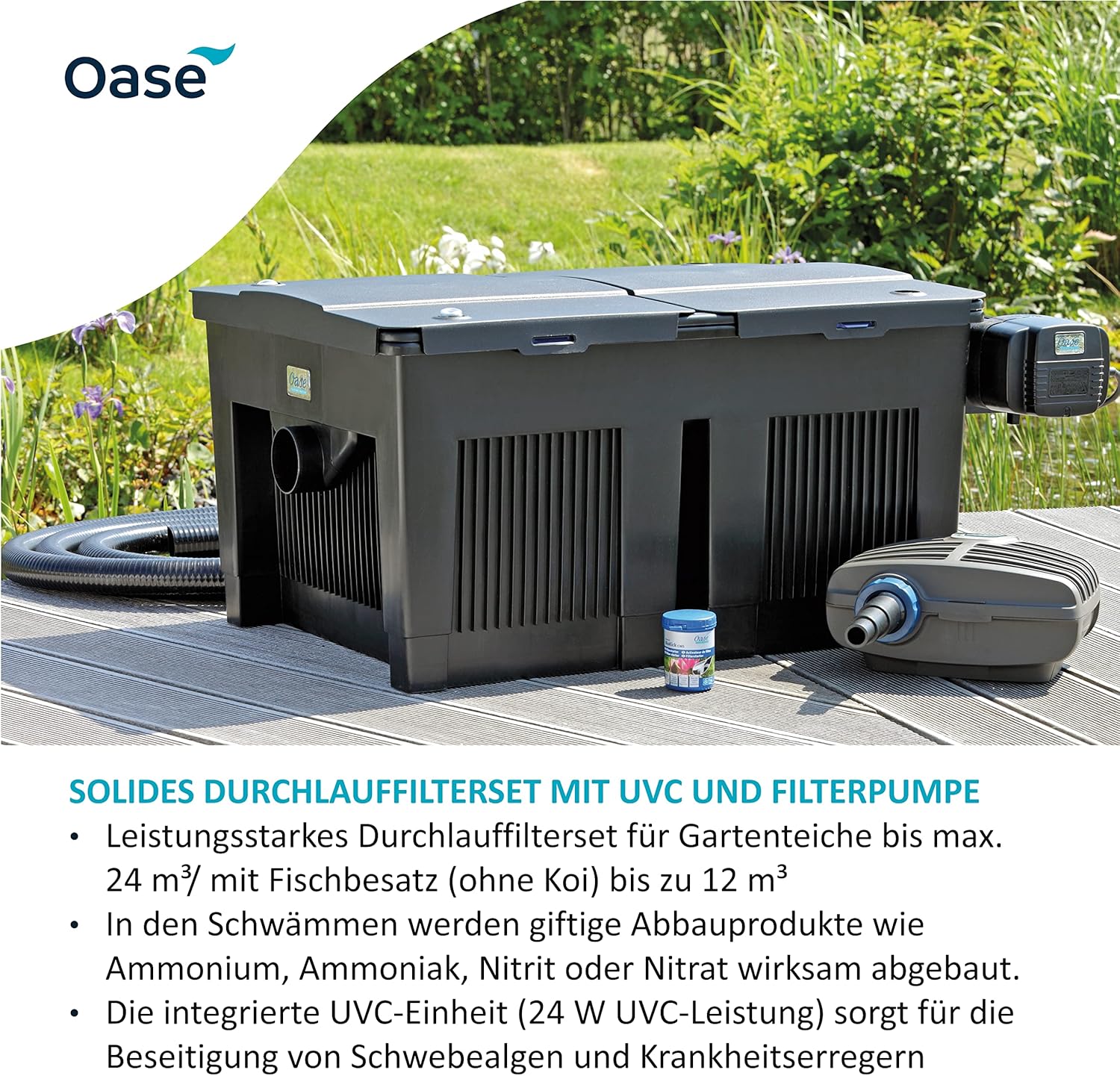 OASE 56789 Filtro a flusso continuo BioSmart Set 36000 adatto per laghetti fino a 36 m³, sistema filtrante, set completo filtro incl. materiale filtrante, pompa per laghetto e chiarificatore UVC