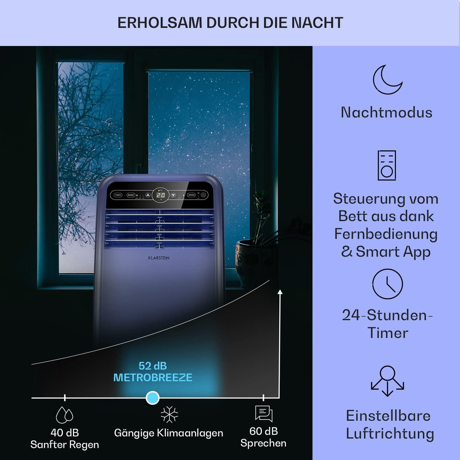 Klarstein Climatizzatore Portatile con Tubo di Scarico, Condizionatore 4-in-1 con Ventilatore, Deumidificatore e Modalità Notturna, Piccolo e Portatile per Casa e Ufficio, Controllo tramite App, 12000 BTU