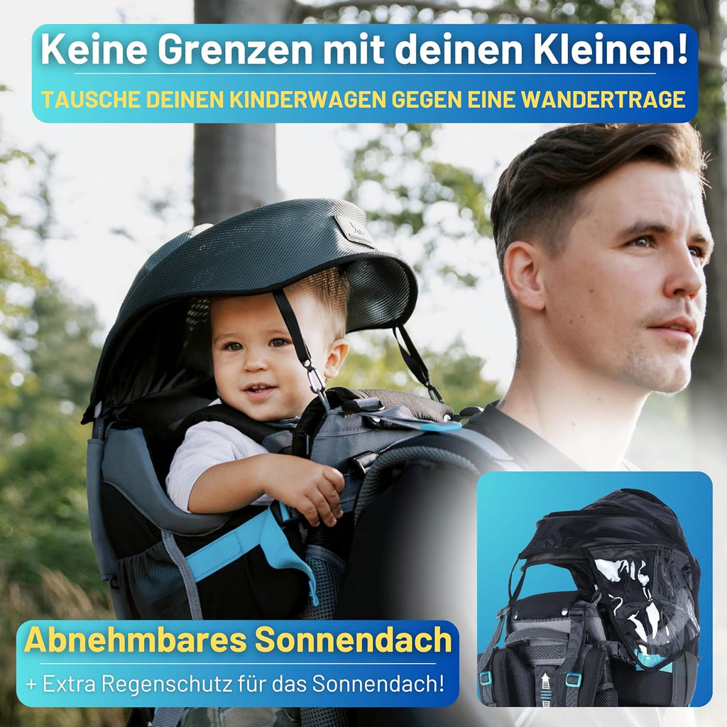 Dromader Kraxe Kindertrage bis 22kg – Kindertrage Wandern mit Sonnendach, Regenschutz, Thermotasche, Wickelmatte – Einhändig klappbare Rahmen – Blau