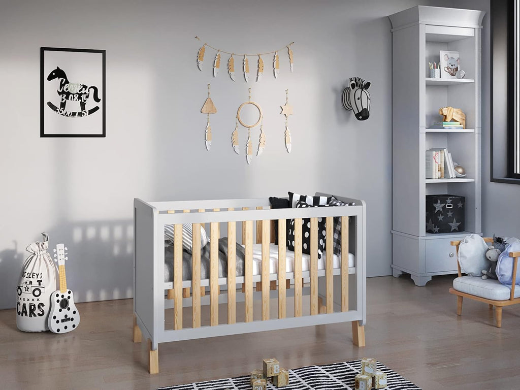 Love For Sleep Babybett Beistellbett 120x60cm mit Schaumstoffmatratze Aloe Vera Grau-Kiefer Francis Kinderbett Baby Bett Holz - Kinderbett Babybett, Mitwachsend Gitterbett Baby Bed