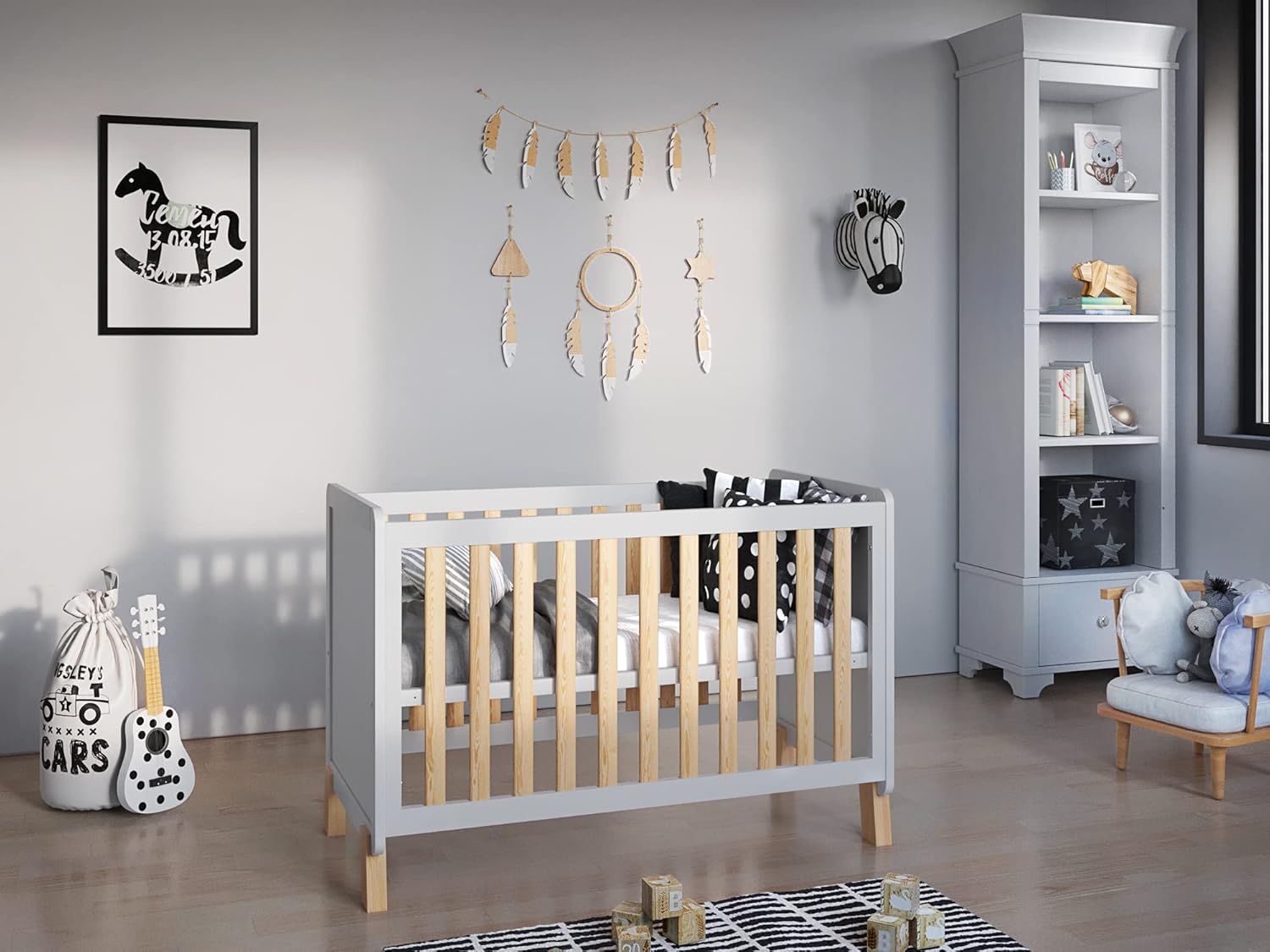 Love For Sleep Babybett Beistellbett 120x60cm mit Schaumstoffmatratze Aloe Vera Grau-Kiefer Francis Kinderbett Baby Bett Holz - Kinderbett Babybett, Mitwachsend Gitterbett Baby Bed