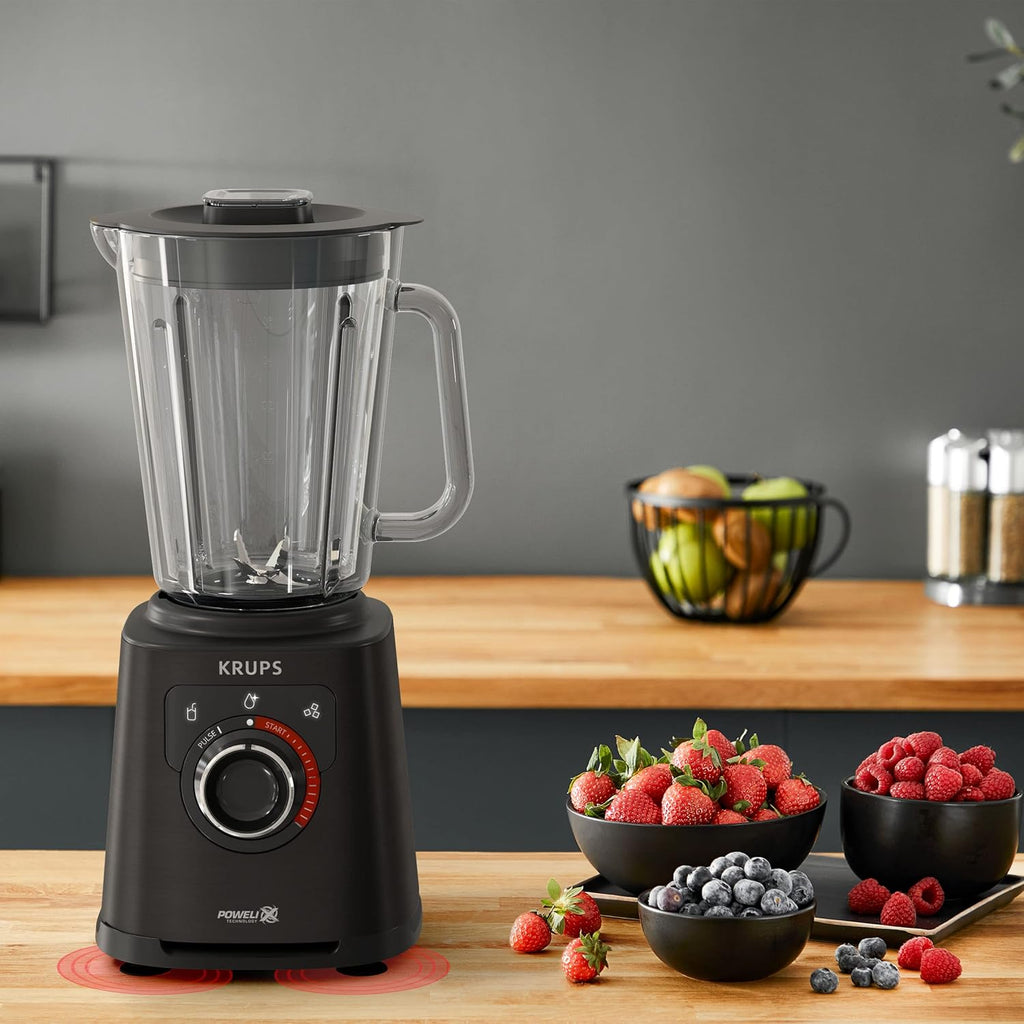 Krups KB403D Perfectmix + Hochleistungsstandmixer, 1.200W, 28.000 UpM, 2L Glasbehälter, 3 voreingestellte Programme, Powelix- Technologie, Edelstahl/Dunkelgrau