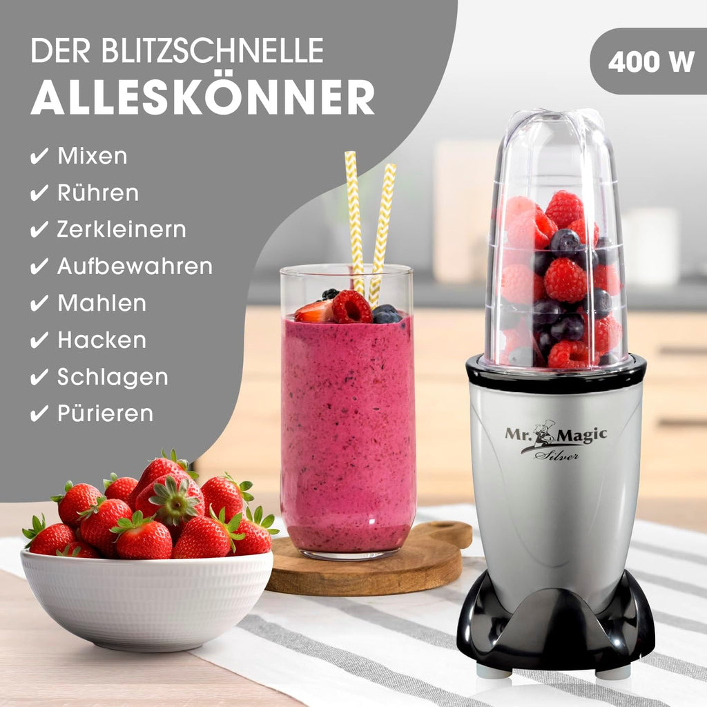 GOURMETmaxx Frullatore per Smoothie e Frullatore a Immersione Set da 18 pezzi - 400W | Frullatore Elettrico da 750ml, Mixer con 4 Bicchiere To-Go, 2 Lame, Spremiagrumi, Piedistallo e Coperchio | Lavabile in Lavastoviglie, a Prova di Perdite e Senza BPA