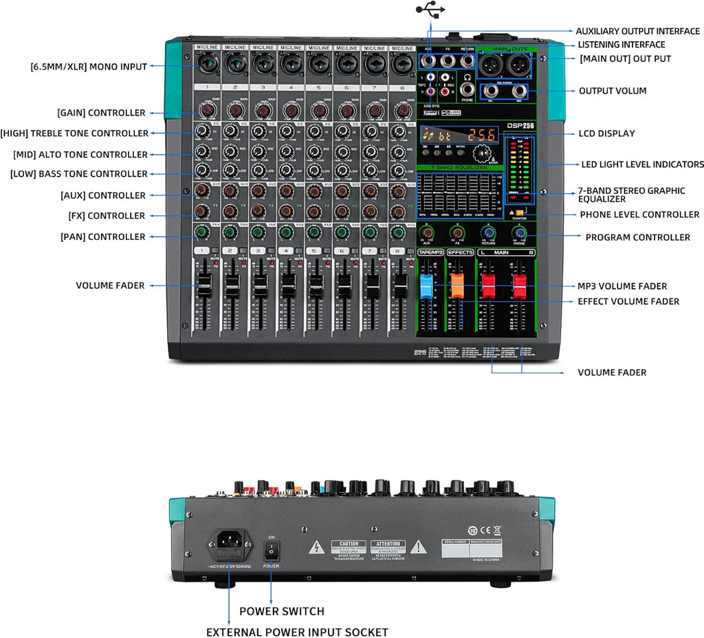 Depusheng PA12 Mixer DJ Professionale a 12 Canali con 256 Effetti DSP, Ingresso Bluetooth, Lettore USB, Alimentazione Phantom 48V