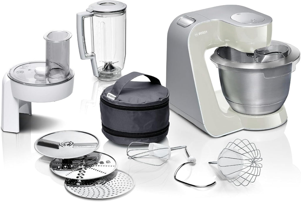 Bosch Robot da cucina Serie 4 MUM58720, ciotola in acciaio inox 3,9 L, frullatore 1,25 L, movimento planetario, gancio impastatore, frusta, frusta, tritacarne continuo, 3 dischi, 1000 W, rosso scuro/argento