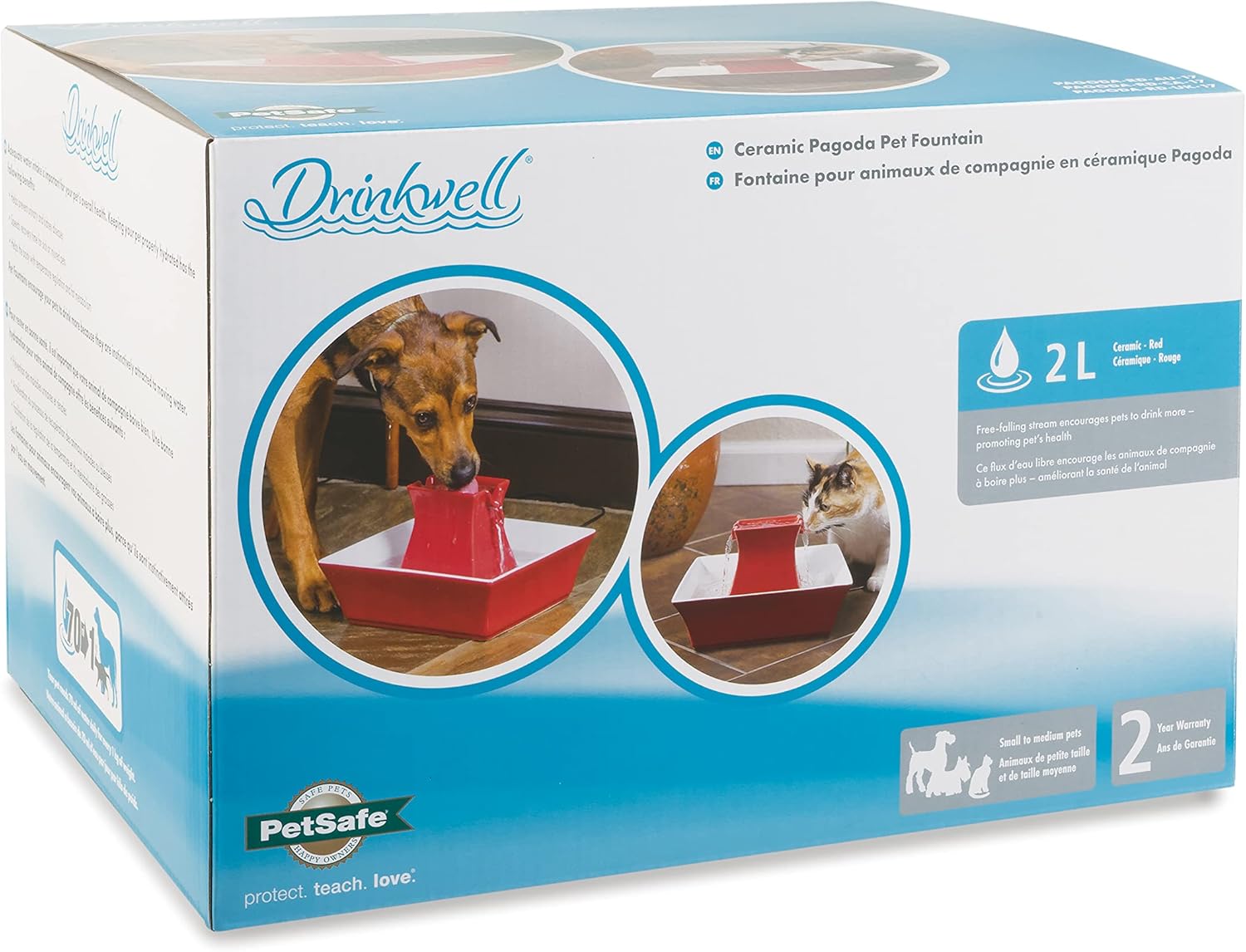 PetSafe Drinkwell Keramik Pagodenbrunnen, Trinkbrunnen für Katzen und Hunde, Dual Water Stream - 2 Liter, Rot