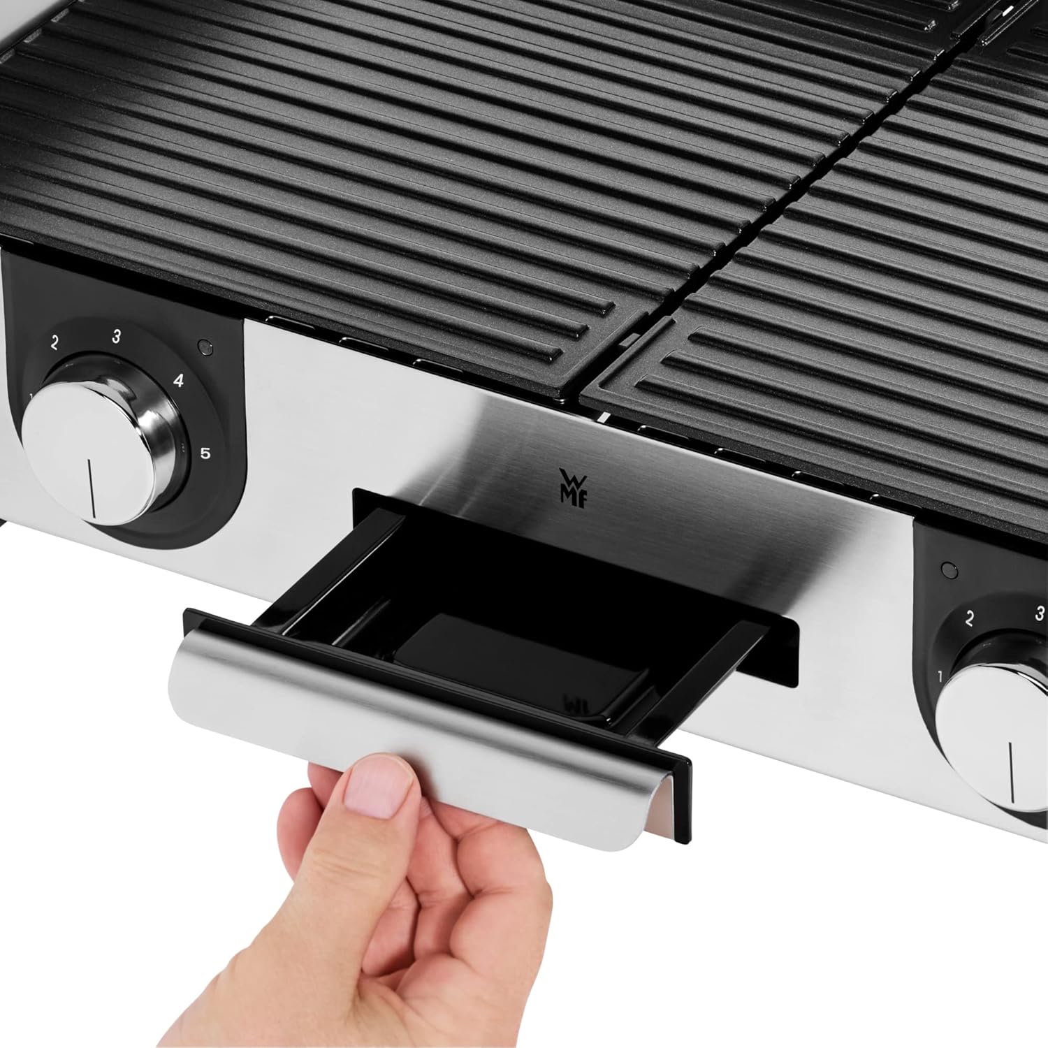 WMF Lono Master-Grill, Grill Elettrico, 50x28 cm, Grill Elettrico da Tavolo con Paravento e Vaschetta Raccogligocce, Certificato per Esterni per Barbecue, 2 Superfici di Cottura Regolabili Separatamente, 2400 W, Acciaio Inossidabile Opaco