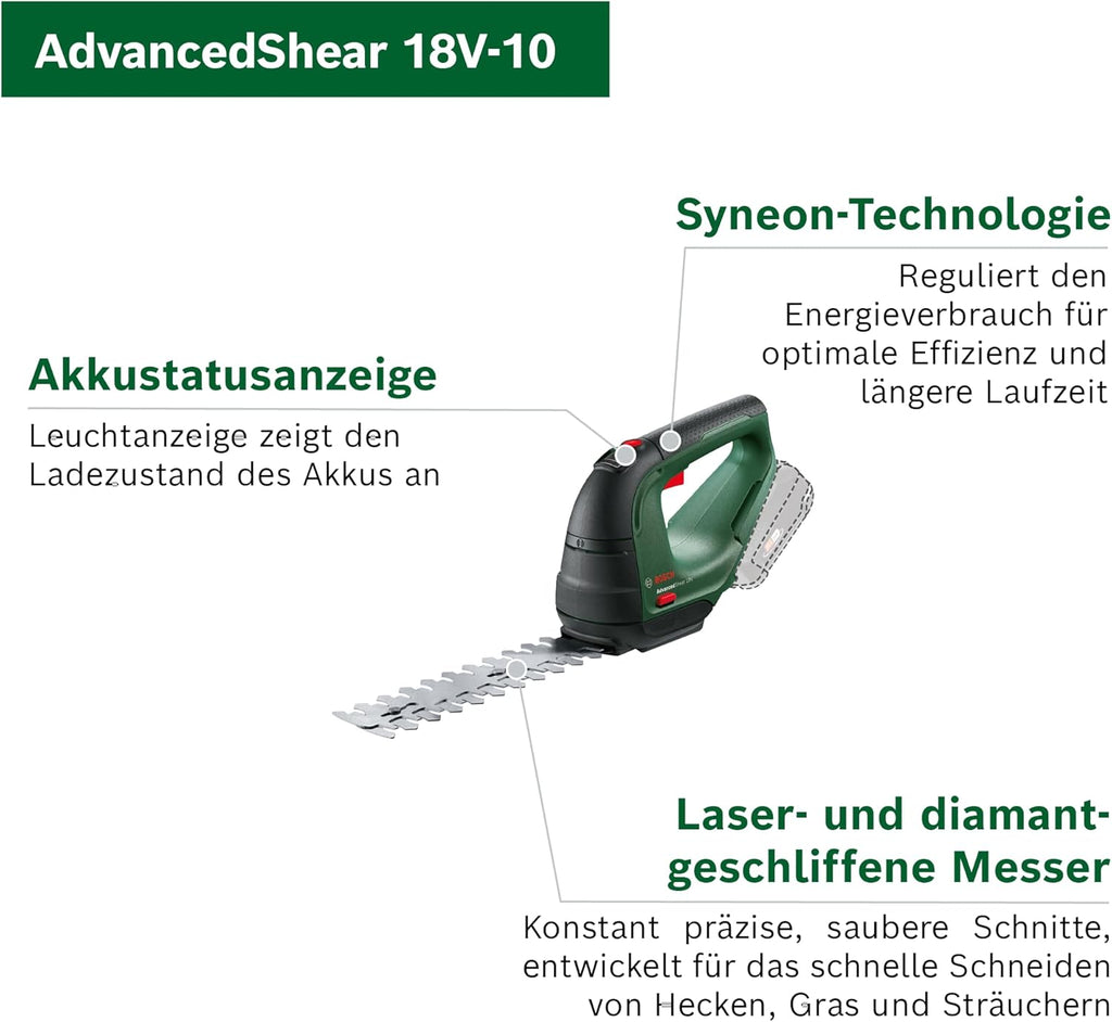 Bosch Akku Grasschere AdvancedShear 18V-10 (1 Akku 2,0 Ah, 18-Volt-System, schneidet bis zu 85 m pro Akkuladung, mit Strauch- und Grasscherenmesser, im Karton)