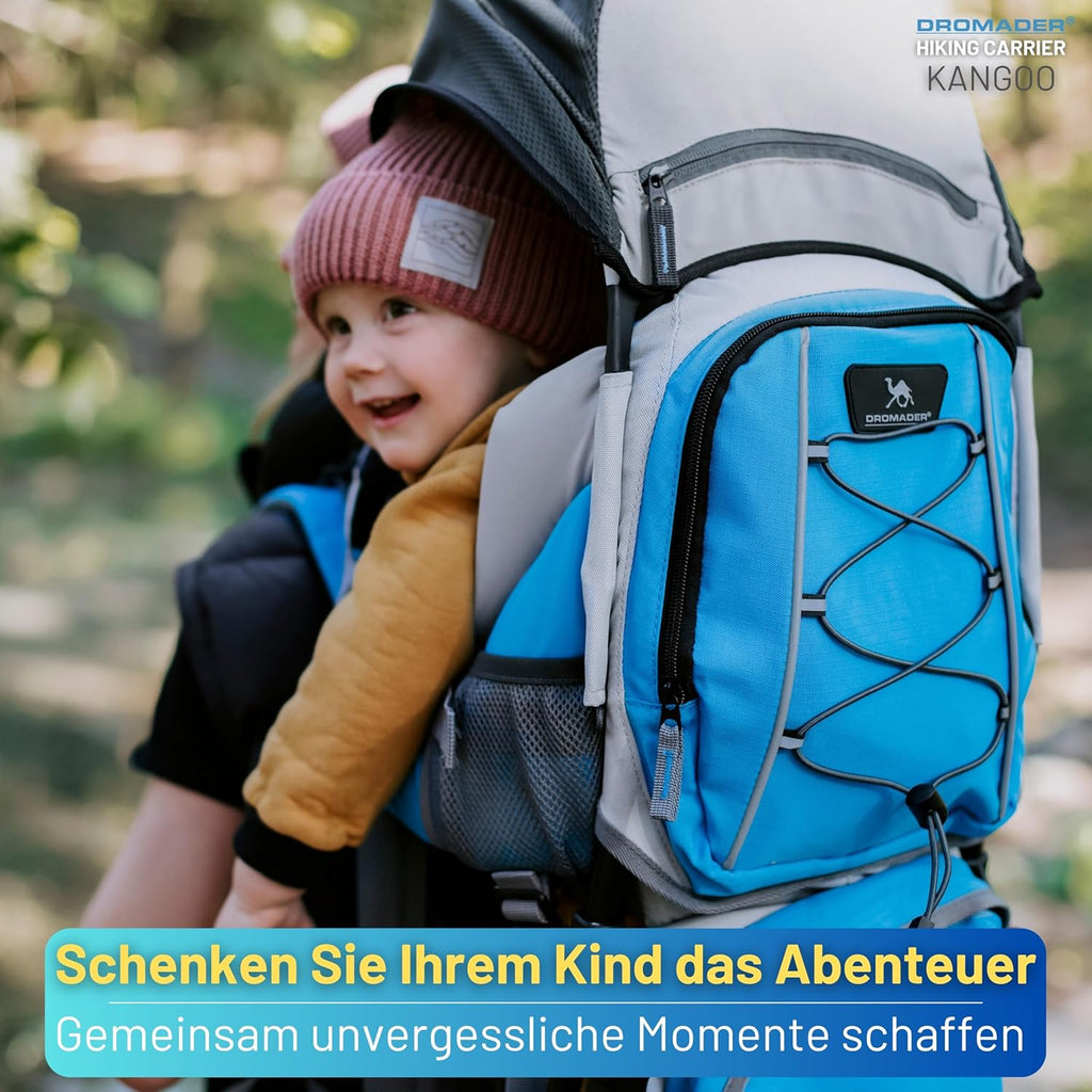 Dromader Kraxe Kindertrage bis 22kg – Kindertrage Wandern mit Sonnendach, Regenschutz, Thermotasche, Wickelmatte – Einhändig klappbare Rahmen – Blau