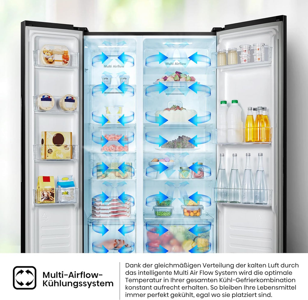 Hisense RS677N4BFD Frigorifero Americano Side by Side / Compressore Inverter / Porta Bottiglie / 2 FreshZone / Vano Verdure / Capacità Frigo 334 L / Capacità Congelatore 185 L / 41 dB / 247 kWh all'anno, Nero