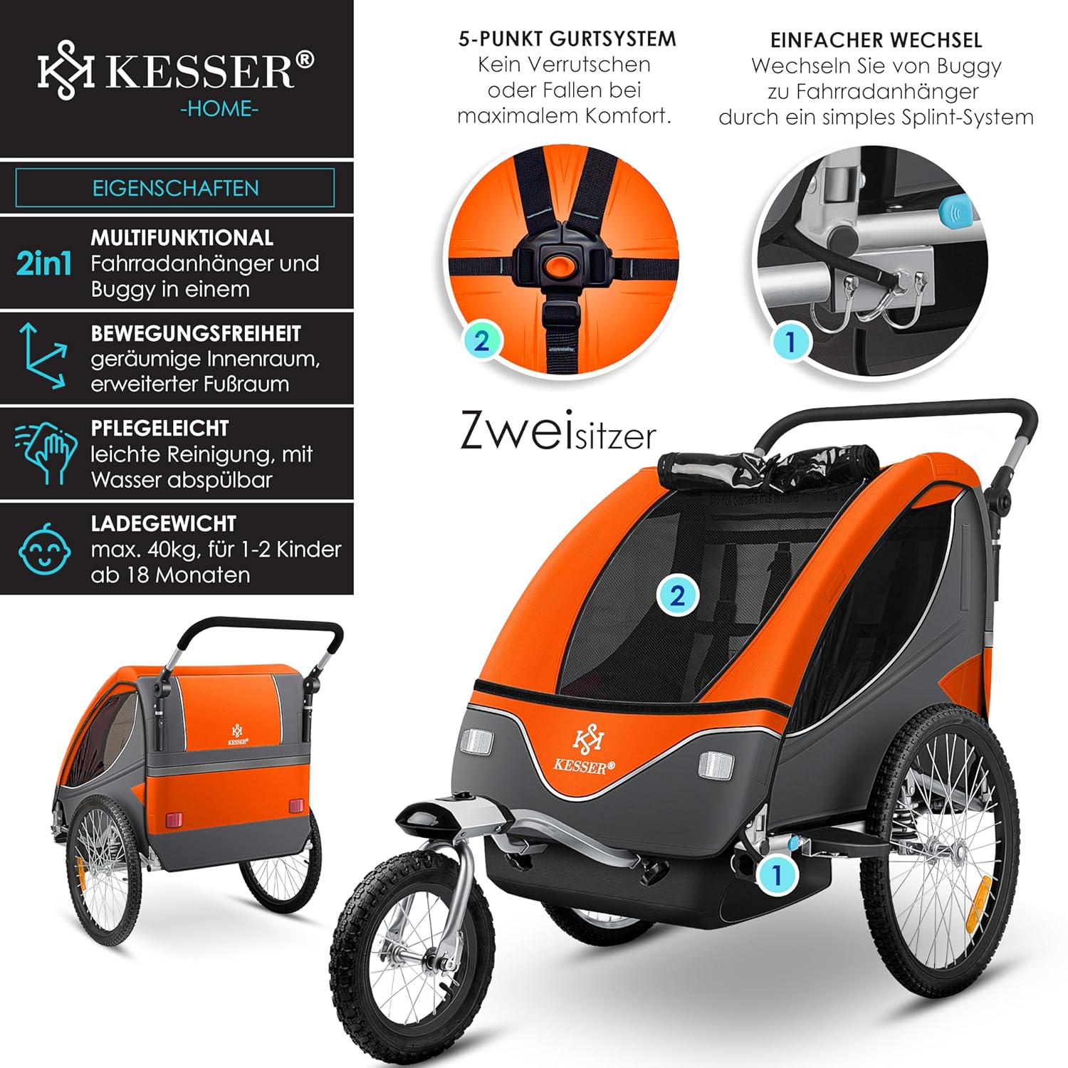 KESSER® Kinderanhänger Fahrradanhänger 360° Drehbar mit Federung 2in1 Joggerfunktion Kinderfahrradanhänger + 5-Punkt Gurt Jogger Fahrrad Anhänger für 1 bis 2 Kinder max. 40kg Inkl. Warnfahne, Schwarz