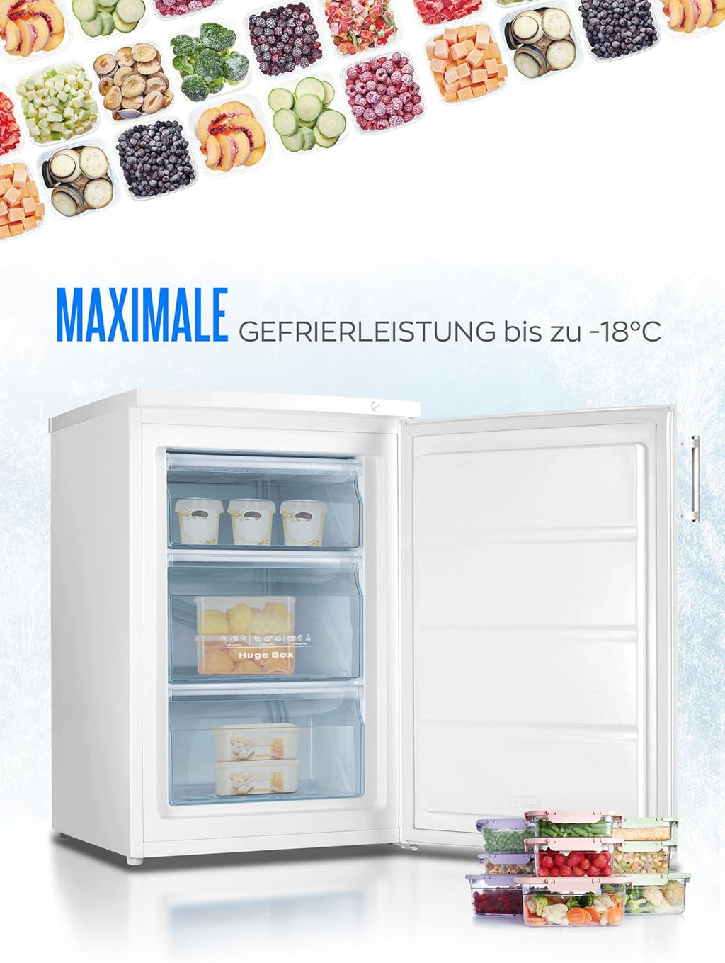Congelatore Heinrich 61 litri -18°C, 3 cassetti congelatore, regolatore temperatura a 7 livelli, Airflow, porta reversibile, bianco