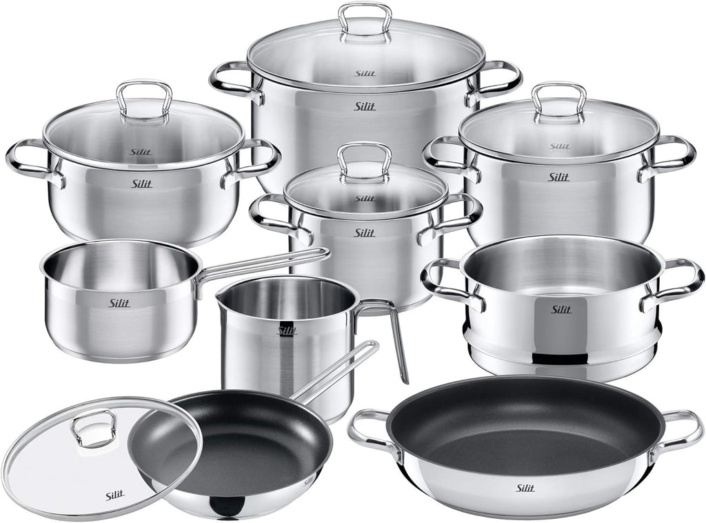 Silit Toskana Set di pentole 10 pezzi, adatto all'induzione, Set di pentole con coperchio in vetro, Pentole a induzione, Bollilatte, Vaporiera, Padella, Acciaio inossidabile parzialmente opaco, Set di pentole a induzione non rivestite