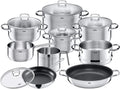 Silit Toskana Set di pentole 10 pezzi, adatto all'induzione, Set di pentole con coperchio in vetro, Pentole a induzione, Bollilatte, Vaporiera, Padella, Acciaio inossidabile parzialmente opaco, Set di pentole a induzione non rivestite