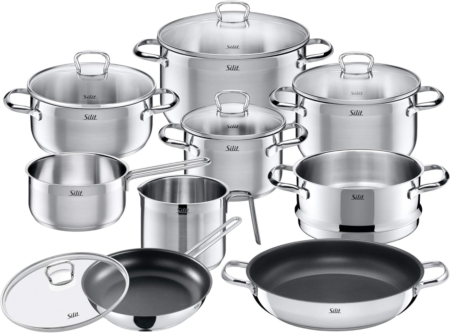 Silit Toskana Set di pentole 10 pezzi, adatto all'induzione, Set di pentole con coperchio in vetro, Pentole a induzione, Bollilatte, Vaporiera, Padella, Acciaio inossidabile parzialmente opaco, Set di pentole a induzione non rivestite