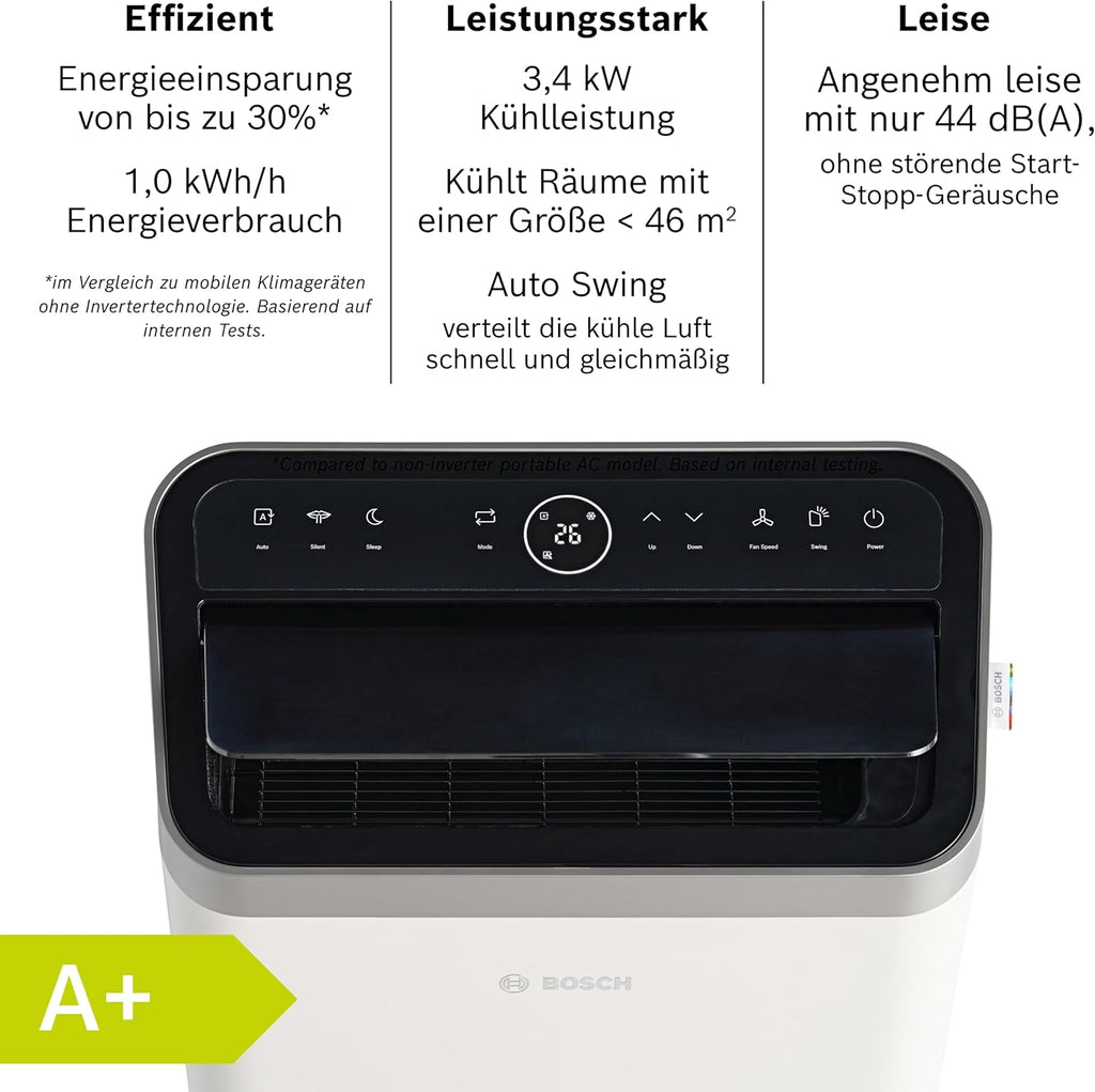 Bosch Cool 4000 Climatizzatore Mobile - 3-in-1: Climatizzatore, Deumidificatore, Ventilatore - 2,6 kW per ambienti fino a 35m² - Con modalità automatica, silenziosa e notturna