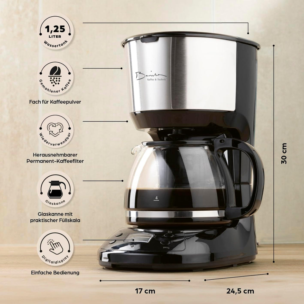Barista Kaffeemaschine mit Mahlwerk | Filterkaffeemaschine mit Glaskanne | 900W Filtermaschine mit Touchdisplay & Timerfunktion für bis zu 10 Tassen | 1,25 Liter Kaffeekanne | Für Bohnen & Pulver