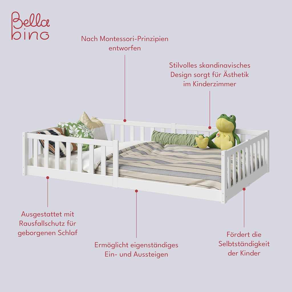 Bellabino Vere Letto a Pavimento 140x200 Montessori, Letto Matrimoniale con Protezione Anticaduta e Rete a Doghe, Letto per Bambini e Bambine in Legno Massello di Pino Bianco con Sbarre