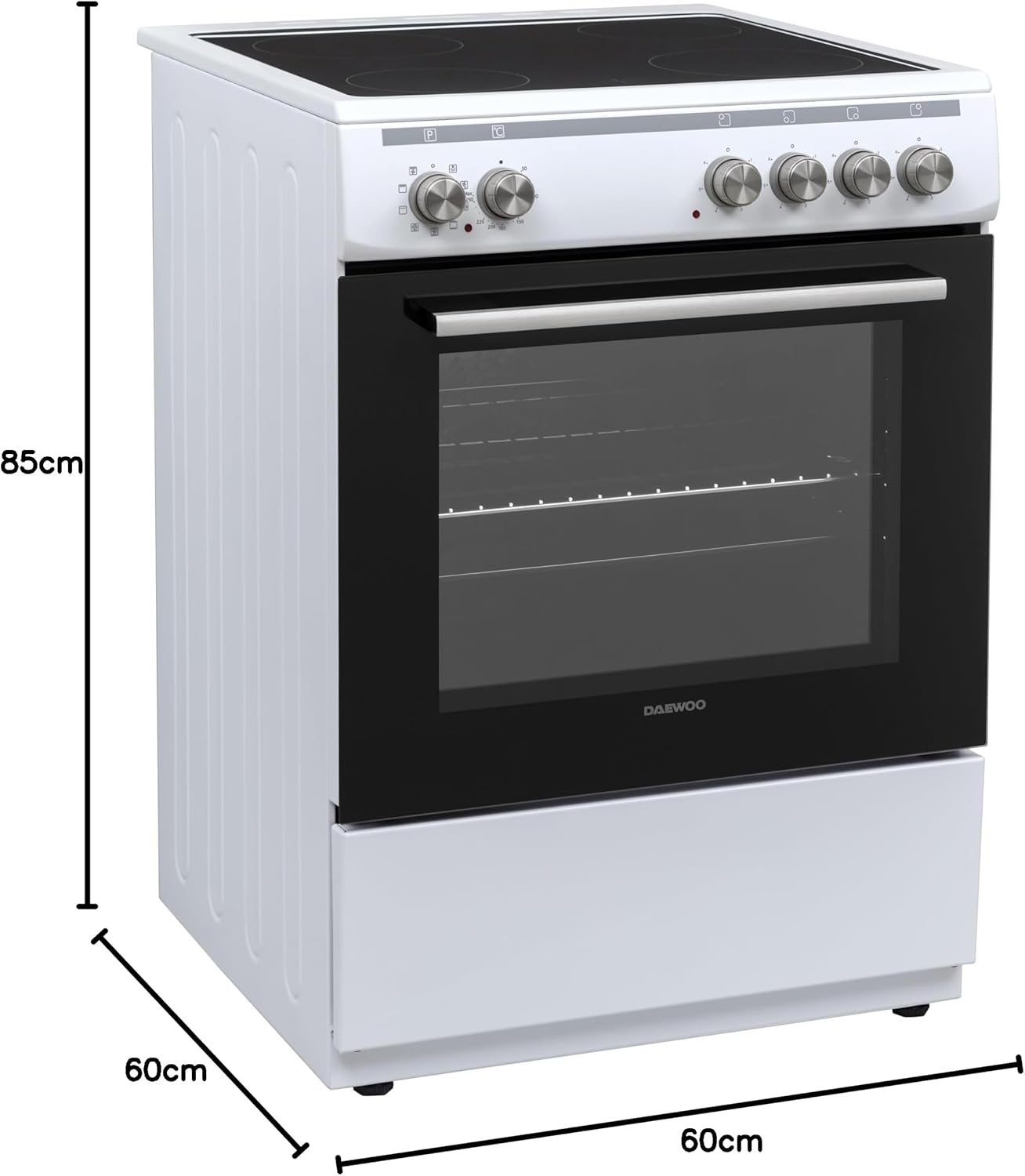Cucina Daewoo F6EV22WL3DE con piano cottura in vetroceramica, classe energetica A, volume forno: 65 L, 8 funzioni di cottura con calore superiore/inferiore, smalto facile da pulire, 4 zone di cottura, bianca