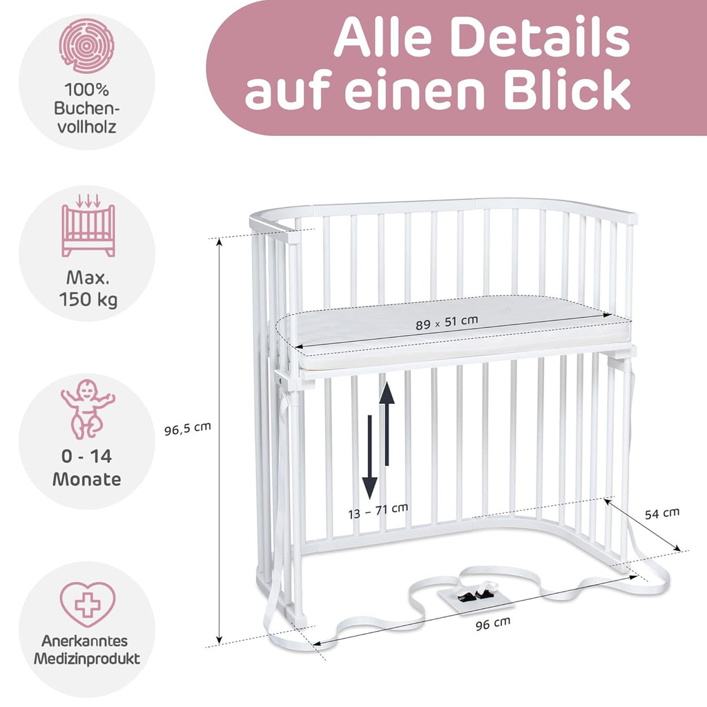babybay Original Lettino da affiancare in massello di faggio / compatto e trasformabile / Altezza regolabile senza livelli preimpostati ed ecologico / Lettino evolutivo (laccato bianco) / Materasso incluso