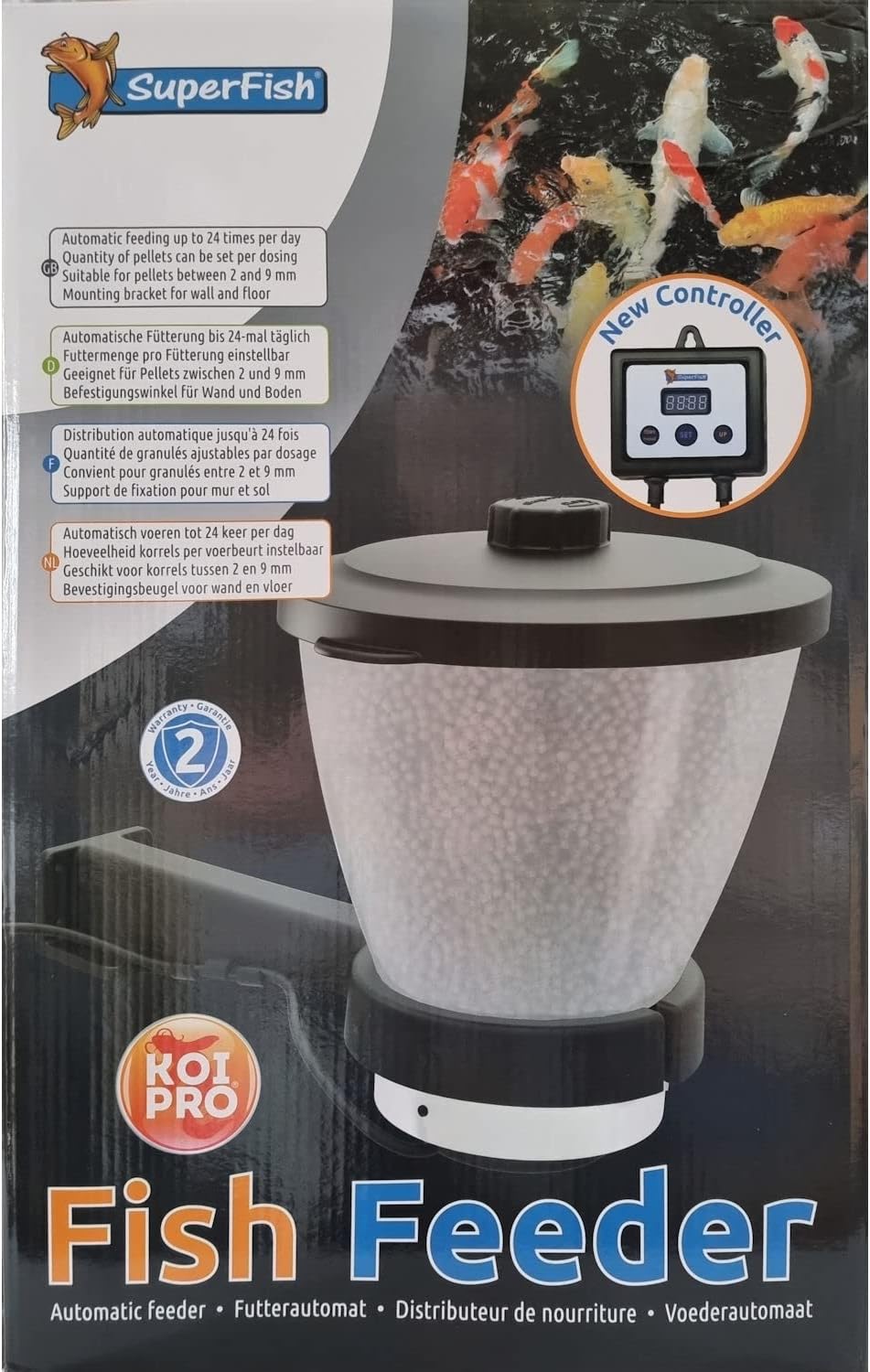 Futterautomat Koi Pro Fish Feeder - inkl. 1kg Koifutter Sui JIN Ginger Grow - Teich Fischfutterautomat, Koi, Koiteich, Fische, Koifutter (7 Liter)