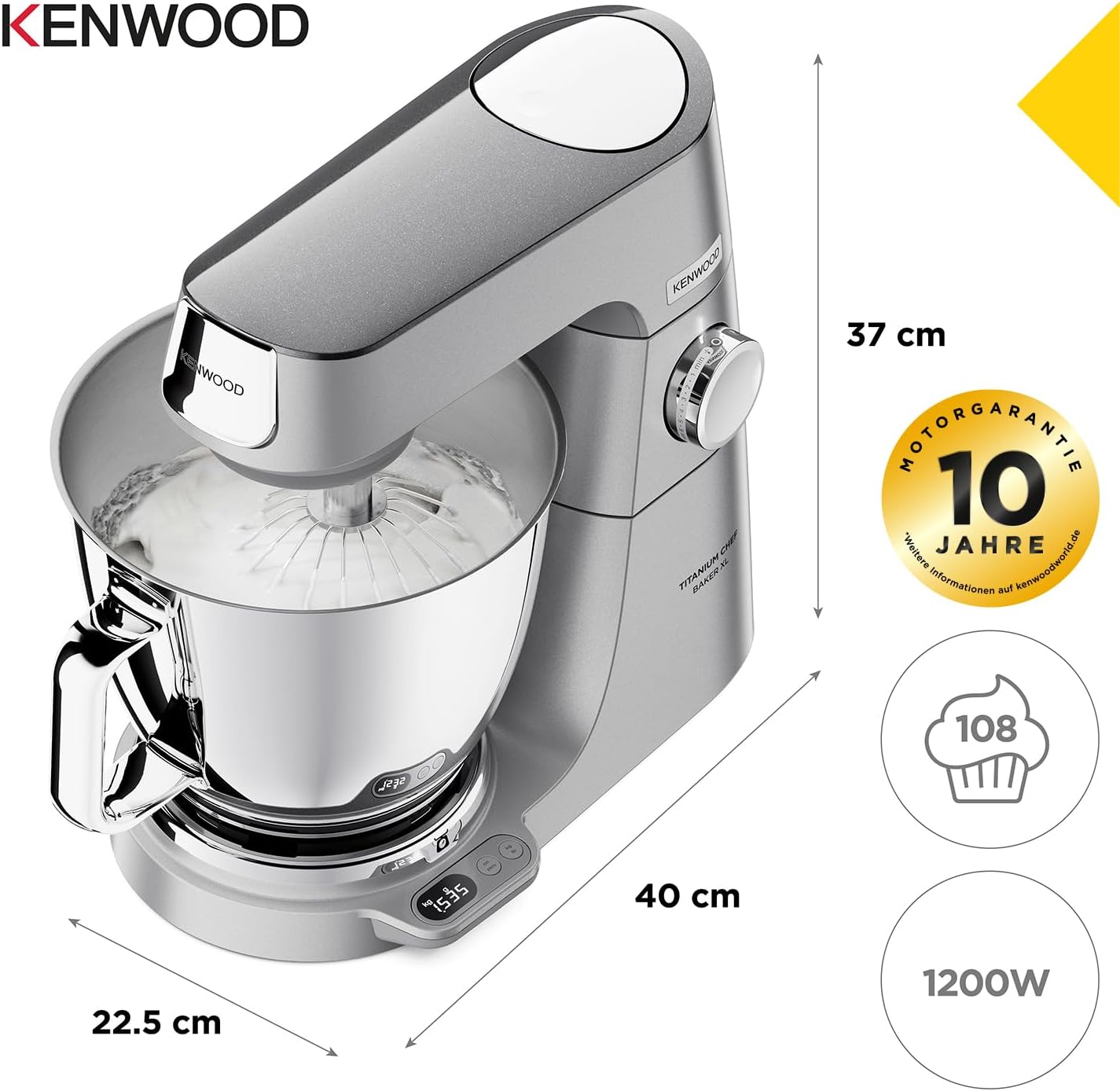 Kenwood Titanium Chef Baker KVL85.424SI Robot da cucina con bilancia integrata, incl. set pasticceria da 4 pezzi, ciotole da 7 L e 5 L, regolazione continua della velocità, 1200 W, Argento