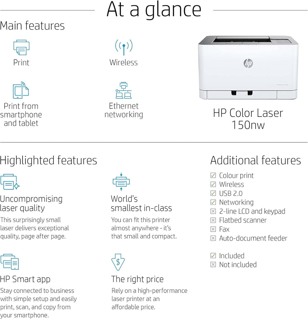 Stampante multifunzione laser a colori HP Color Laser MFP 179fwg, stampa, copia, scansione, fax, alimentatore automatico di documenti, Wi-Fi, Ethernet, USB, app HP Smart
