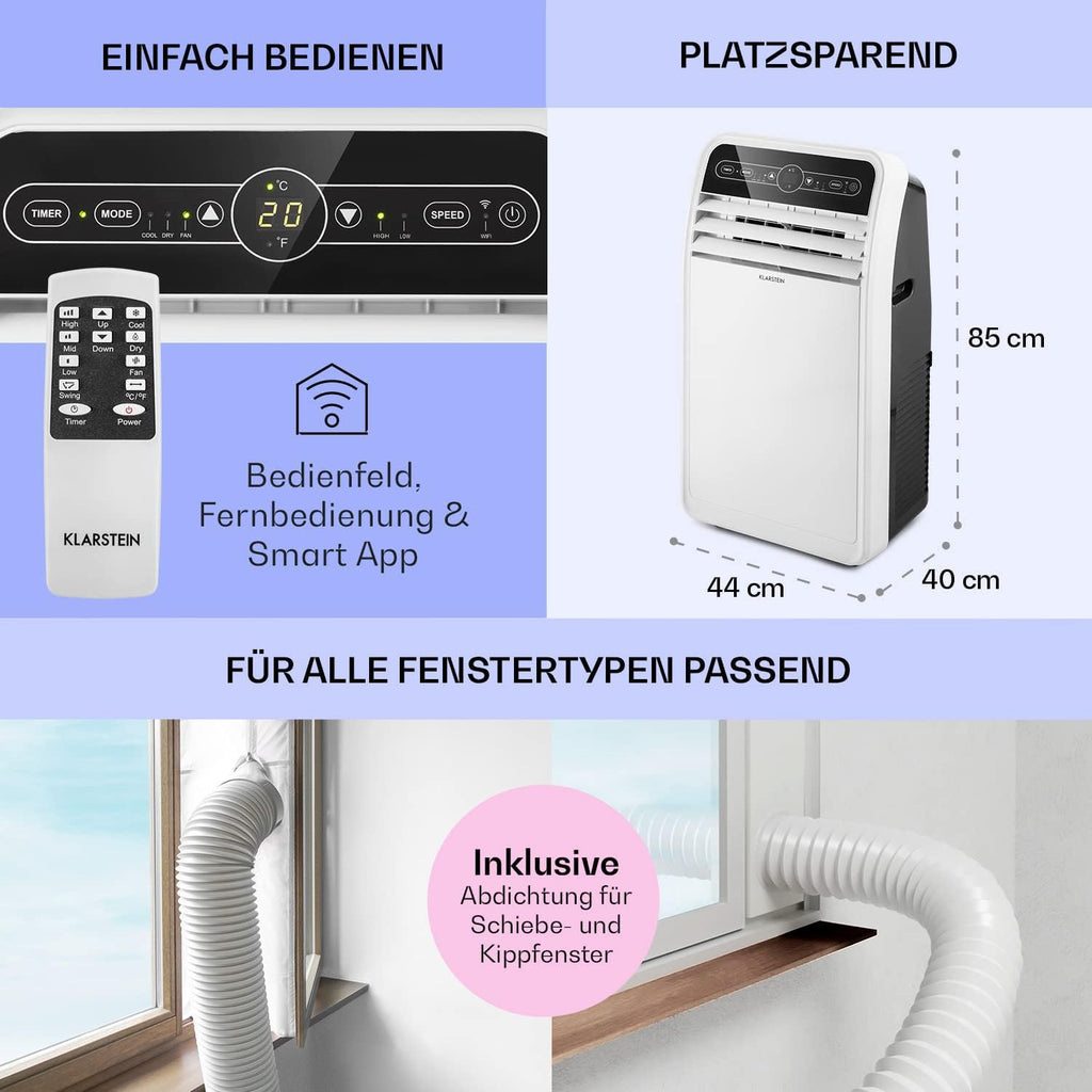 Klarstein Climatizzatore Portatile con Tubo di Scarico, Condizionatore 4-in-1 con Ventilatore, Deumidificatore e Modalità Notturna, Piccolo e Portatile per Casa e Ufficio, Controllo tramite App, 12000 BTU
