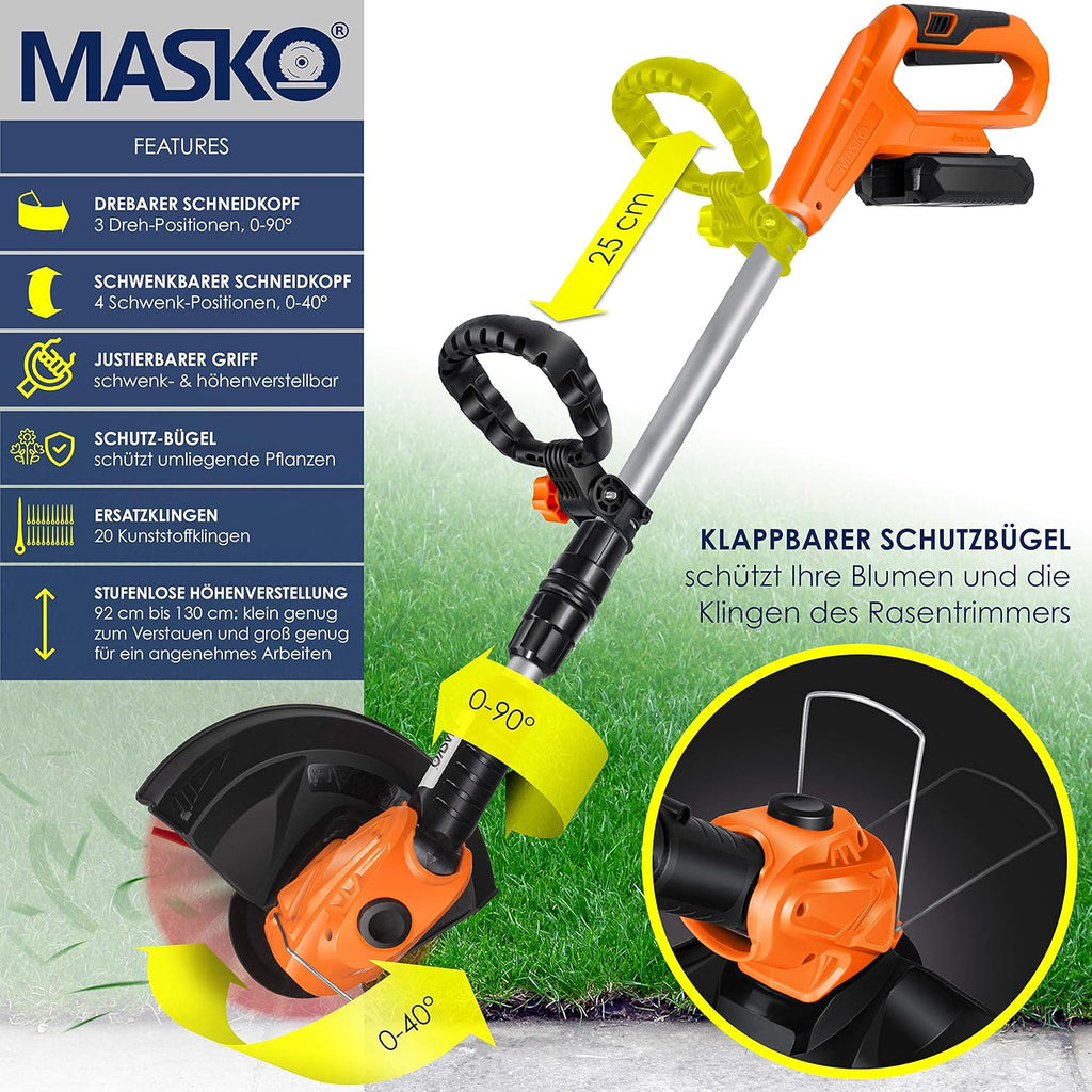 MASKO Decespugliatore a batteria con batteria al litio da 20 V, batteria da 2,0 Ah e caricabatterie, larghezza di taglio 26 cm, angolo di taglio 180°, manico telescopico e impugnatura aggiuntiva, incl. 20 lame in plastica, grigio
