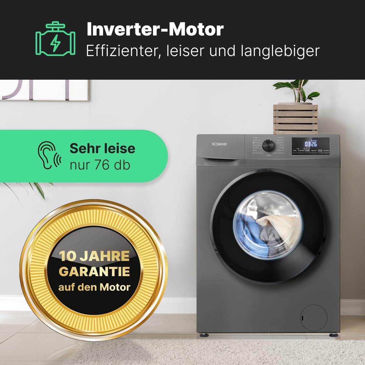 Lavatrice Bomann 7kg | max. 1400 giri/min | 10 anni di garanzia sul motore | Motore inverter efficiente, silenzioso e durevole | 15 programmi | Programmazione fine ciclo | Display LED | WA 7175 bianca