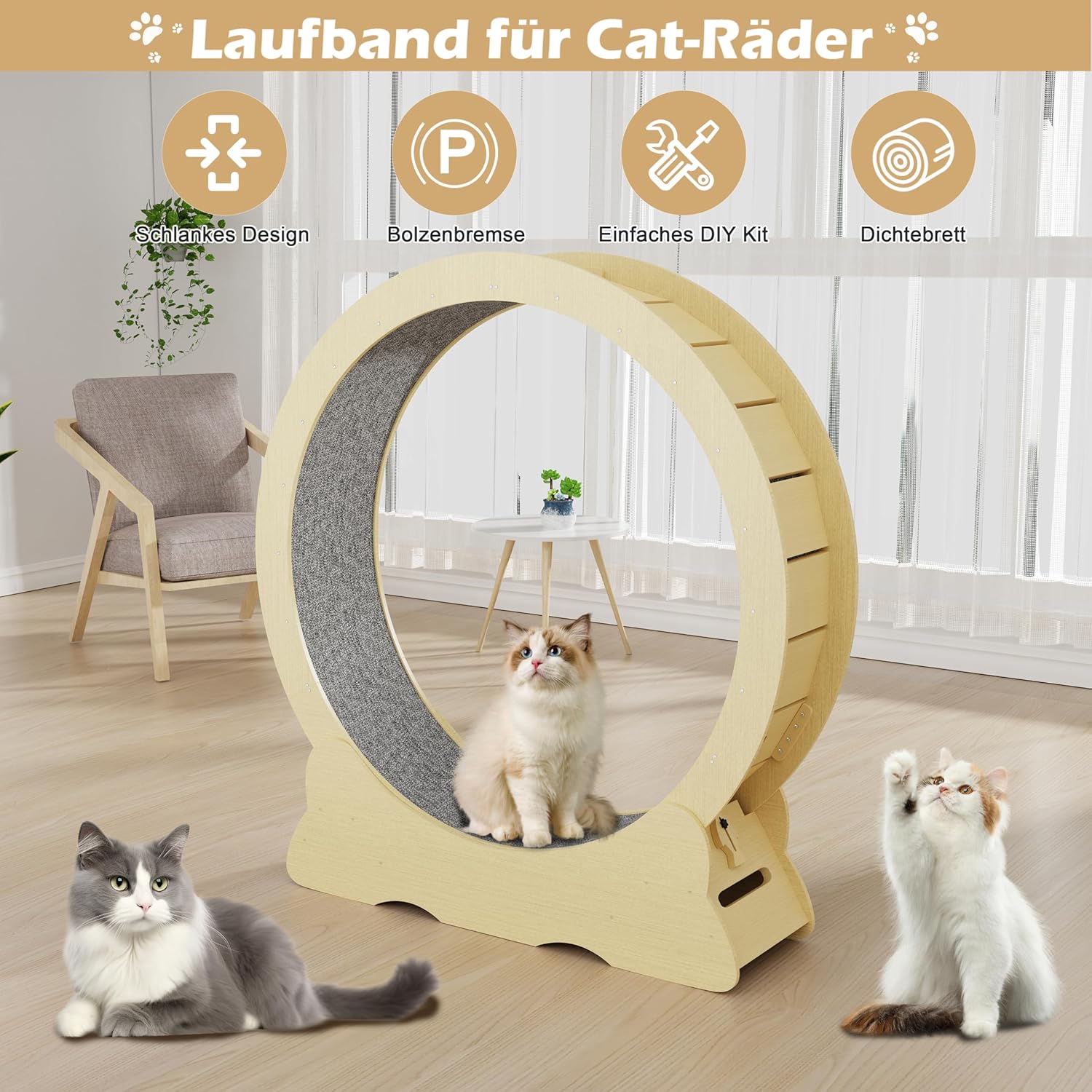 Katzenlaufrad, Laufrad für Katzen, 100cm Innendurchmesser Laufrad Katze, Super Leises Haustier Katze Laufrad Spielzeug, Holzlaufrad Laufrad Wheel Innen für Kleines Mittel Großes Katze (Holzfarbe, XL)
