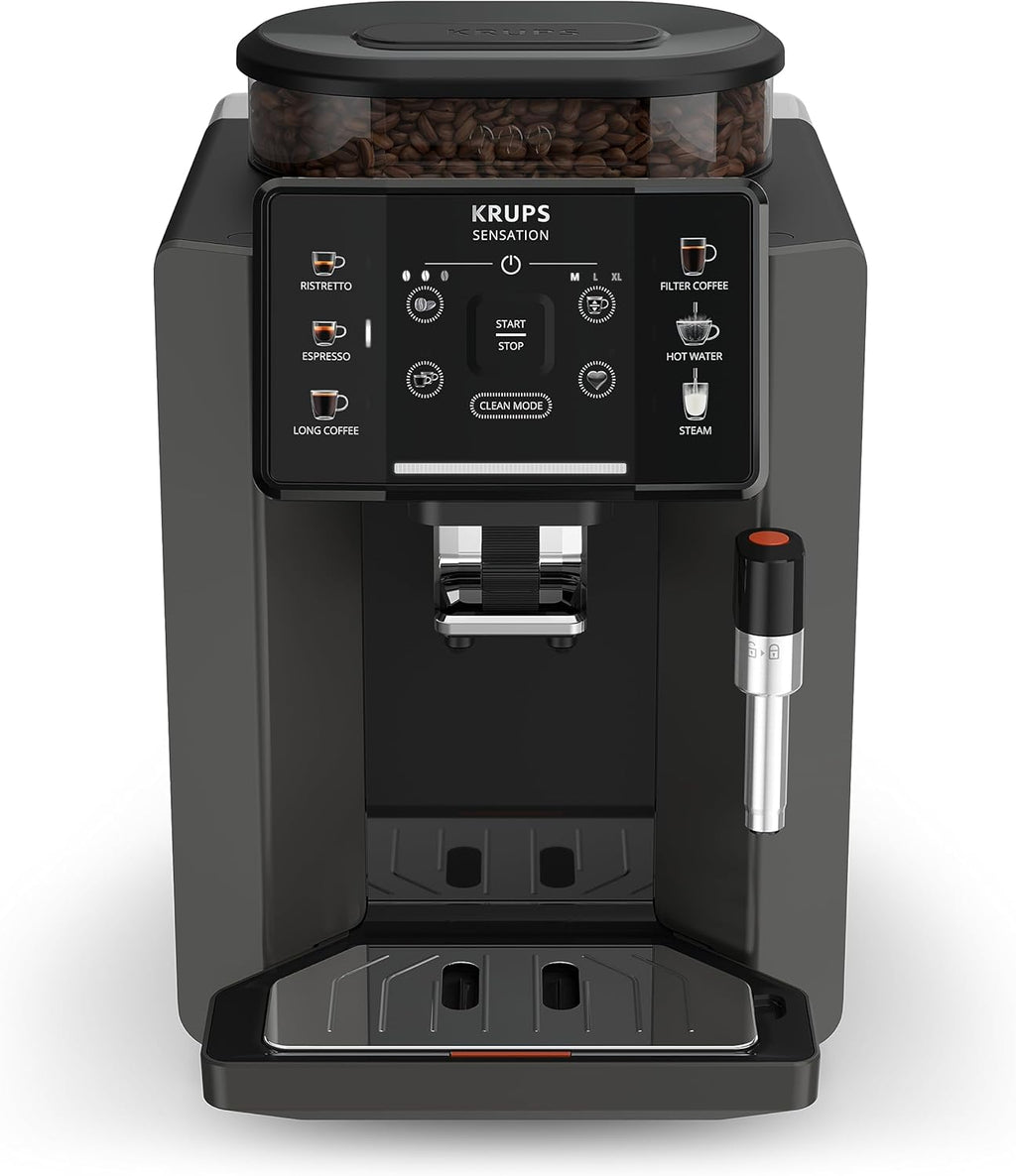 Krups Sensation Macchina da Caffè Automatica, Lancia Vapore, 5 Bevande, Funzione Caffè Filtro, Funzione 2 Tazze, Caffettiera, Nero, EA910810